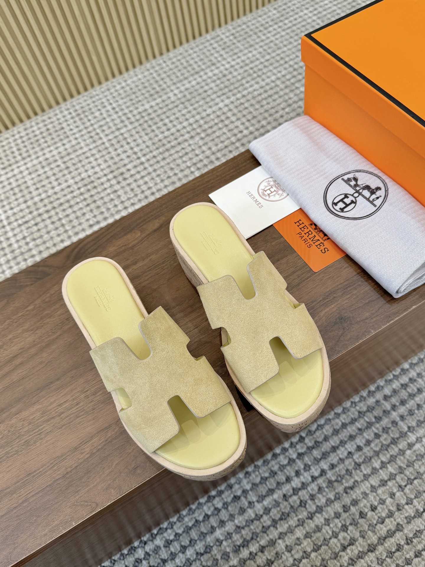 Hermes Beige Suede Leather H-Cutout Cork Sole Slide Sandal - KAIROO
