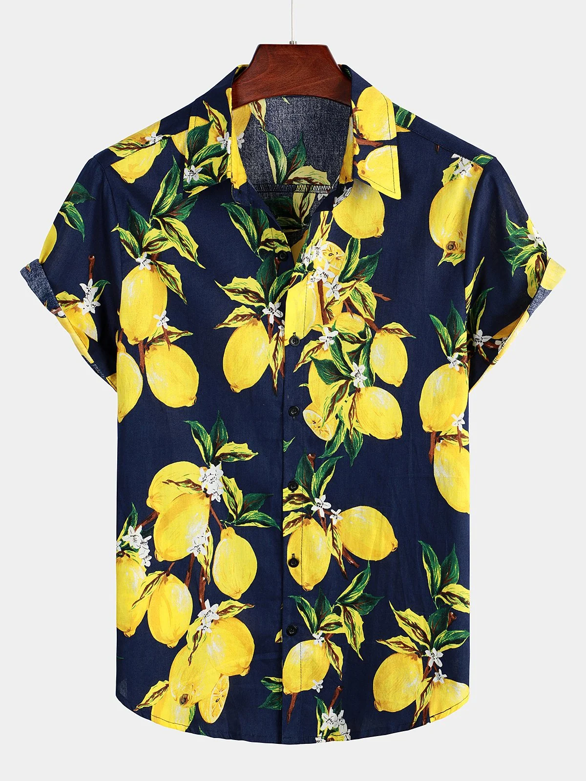 Men's Tropical Lemon Print Hawaiian Summer Beach Vacation Short Sleeve Shirt