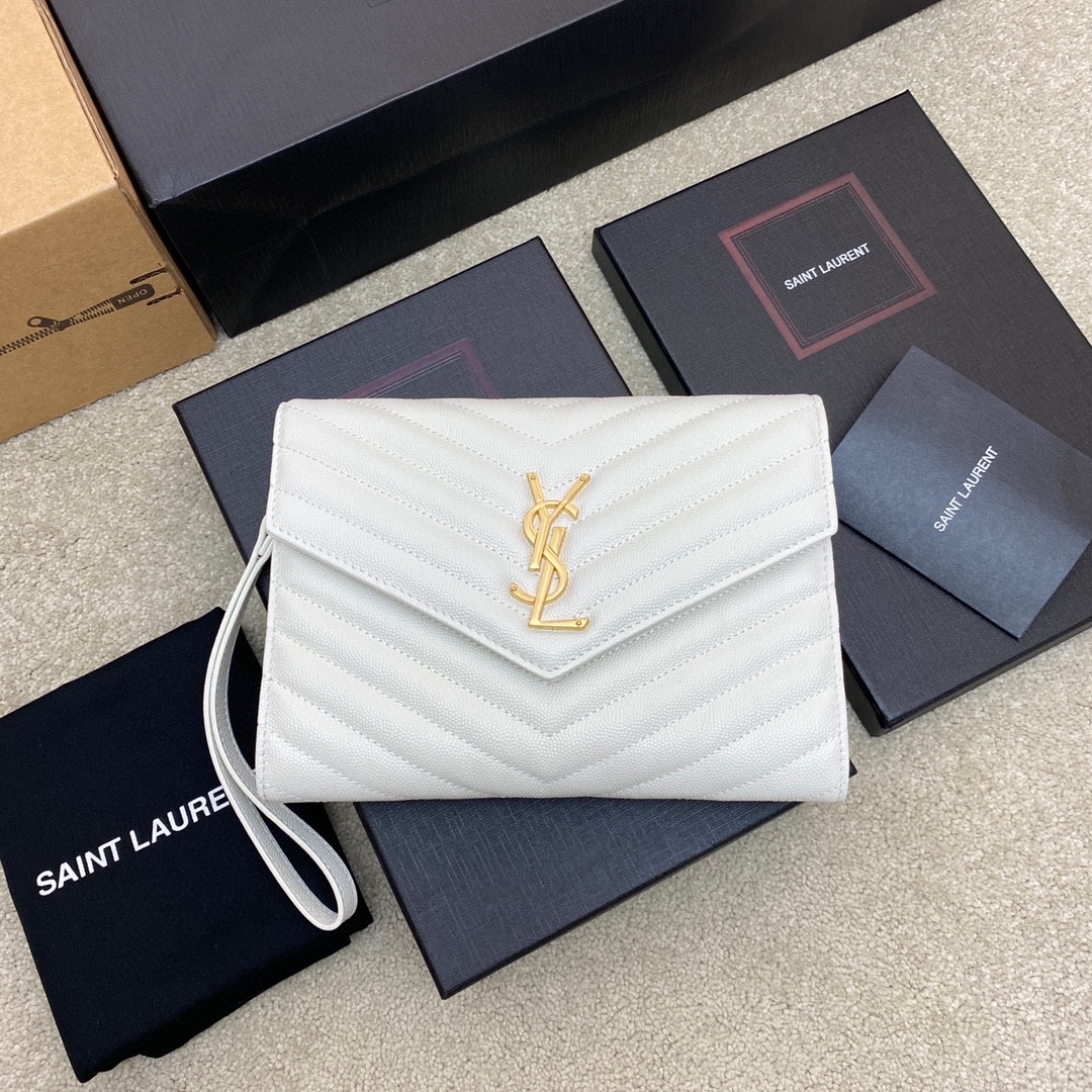 Saint Laurent White Cassandre Flap Pouch in Grained leather