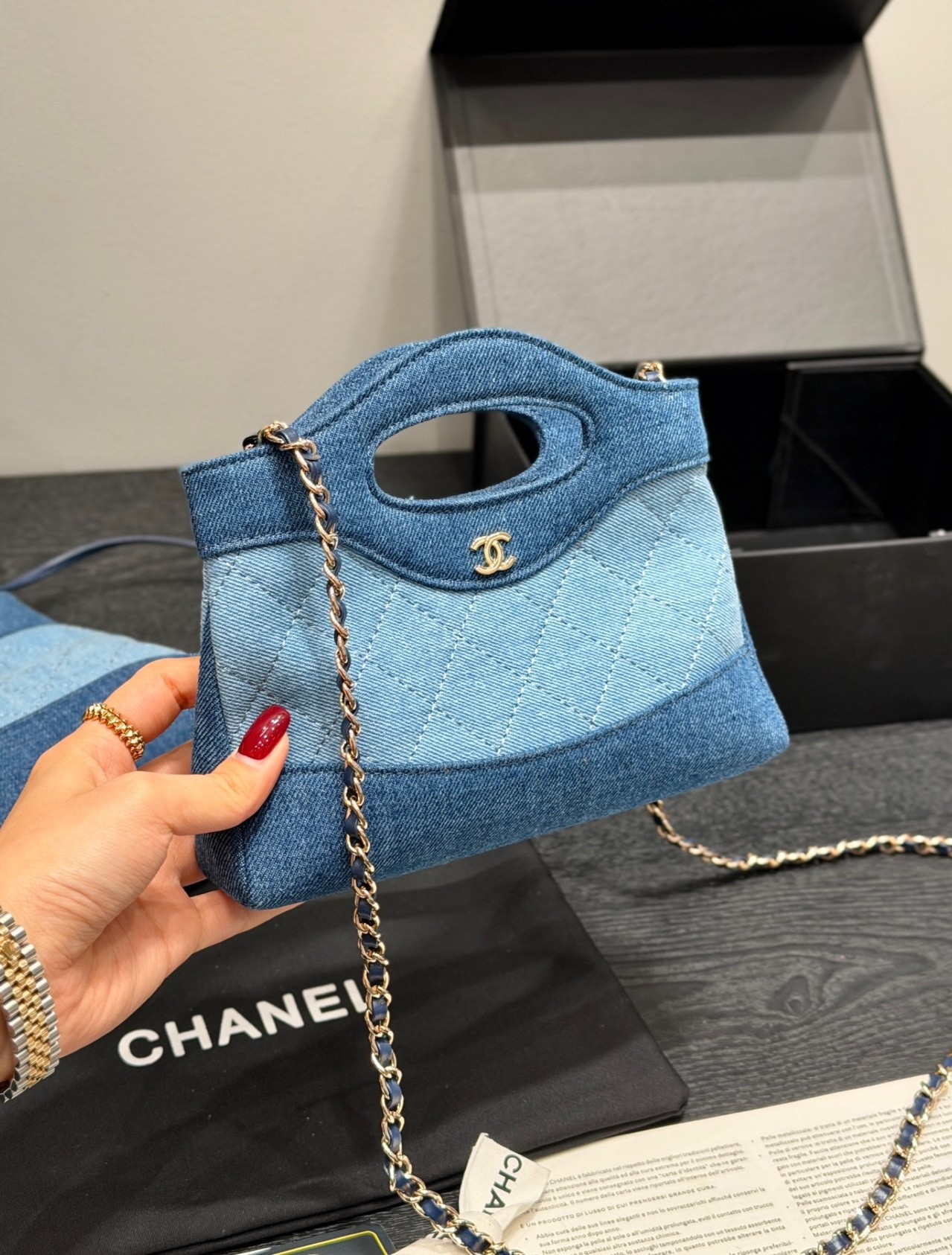 Chanel 31 Mini & Medium 20CM/23CM Denim Quilted Two-Tone Tote Cutout Top Handle Shopping Bag - KAIROO
