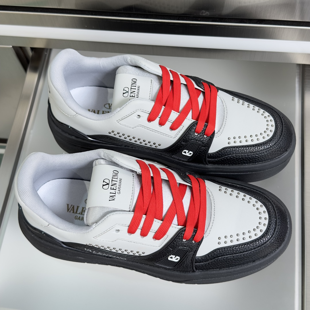 Valentino MS-29 White Black Leather Red Laces Micro Studded Chunky Low-top Platform Sneakers - KAIROO