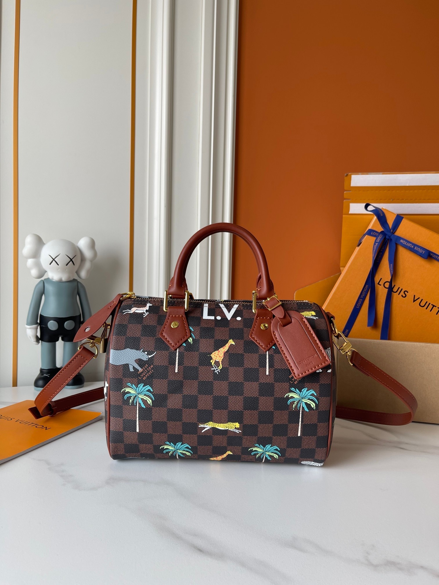 Louis Vuitton LV Speedy 25 Damier Ebene Safari Jungle Animal Printed Boston Top Handle Bag - KAIROO