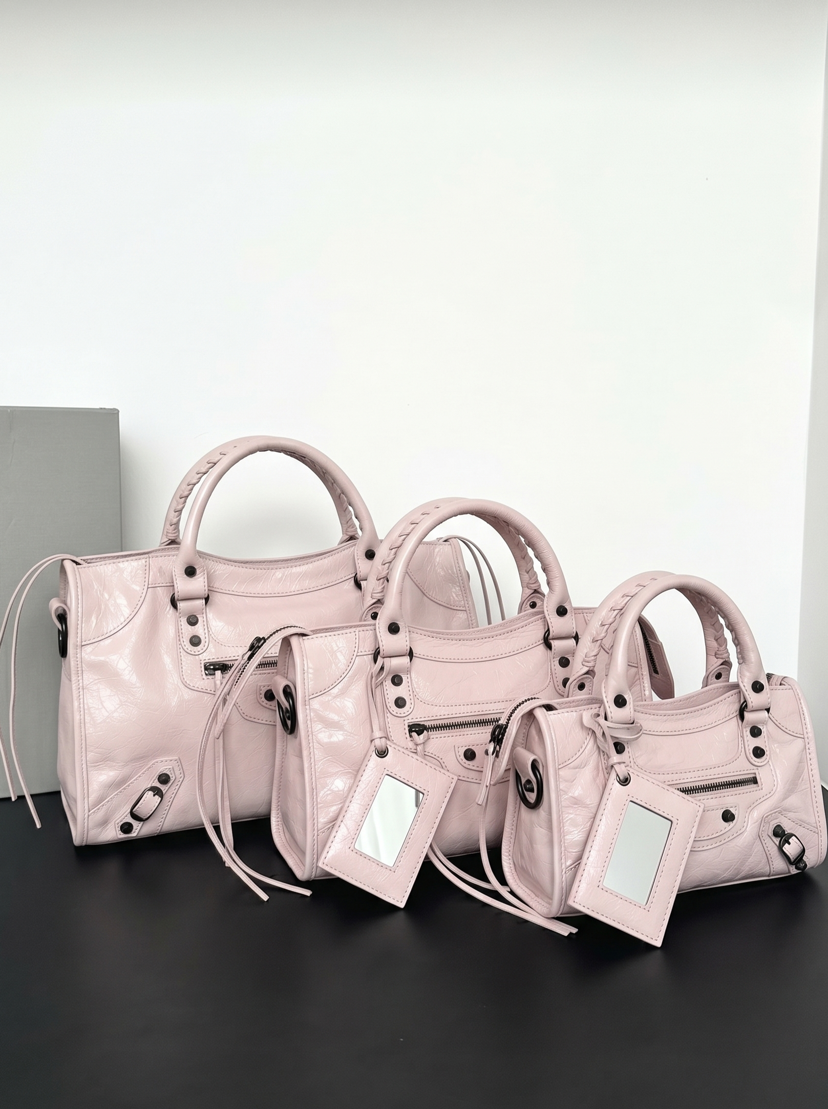 Balenciaga Le City Pink Soft Crinkled Leather Studded Mirror Charm Braided Handle Crossbody Bag - KAIROO
