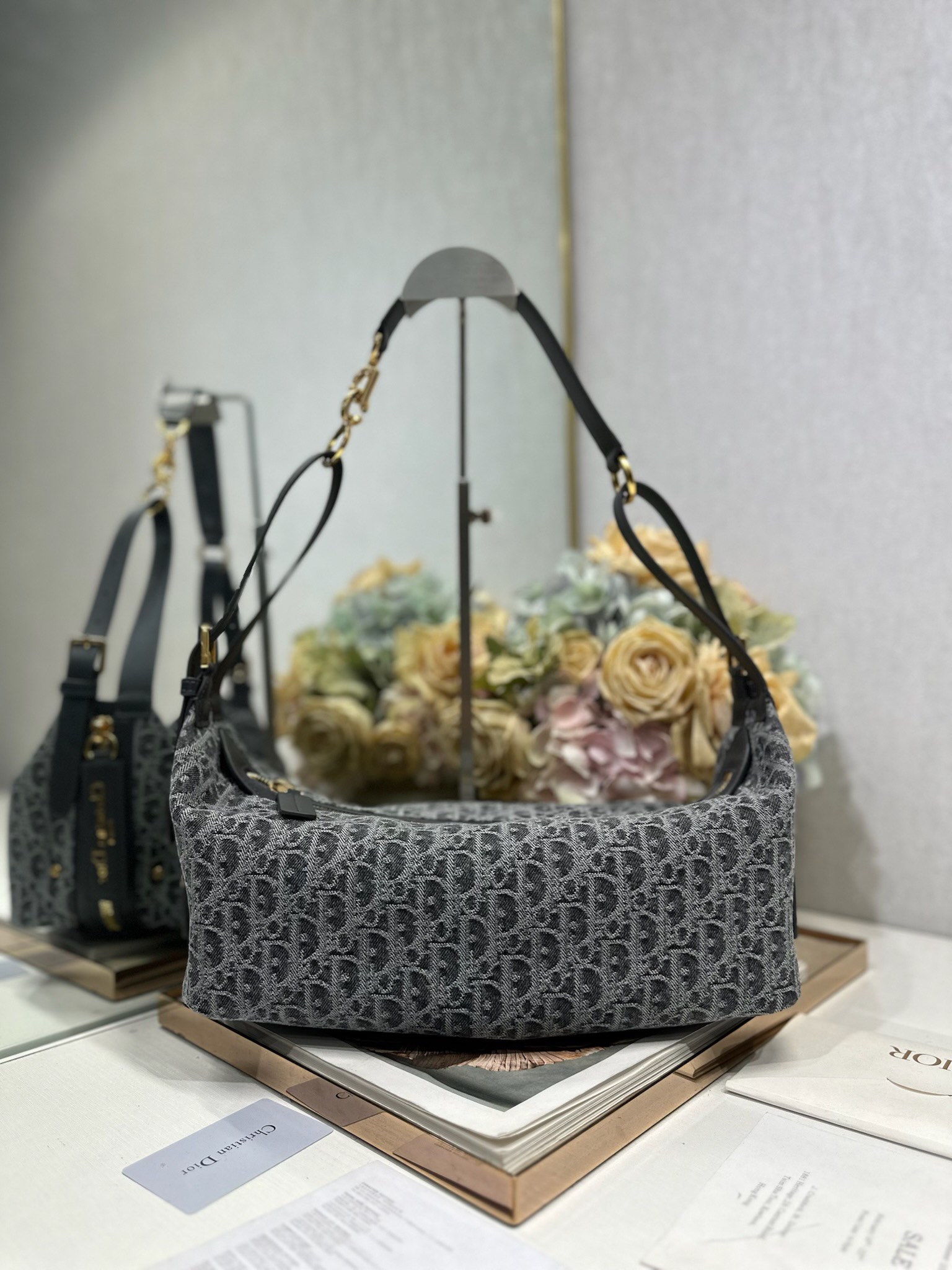 Dior D-Journey Medium Shoulder Bag in Dark Grey grey Oblique canvas and leather
