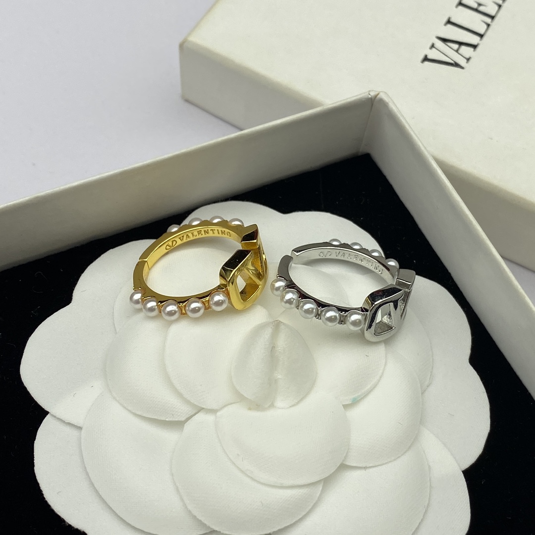 Valentino VLogo Signature Pearl Border Embellished Gold Silver Finish Open Ring - KAIROO