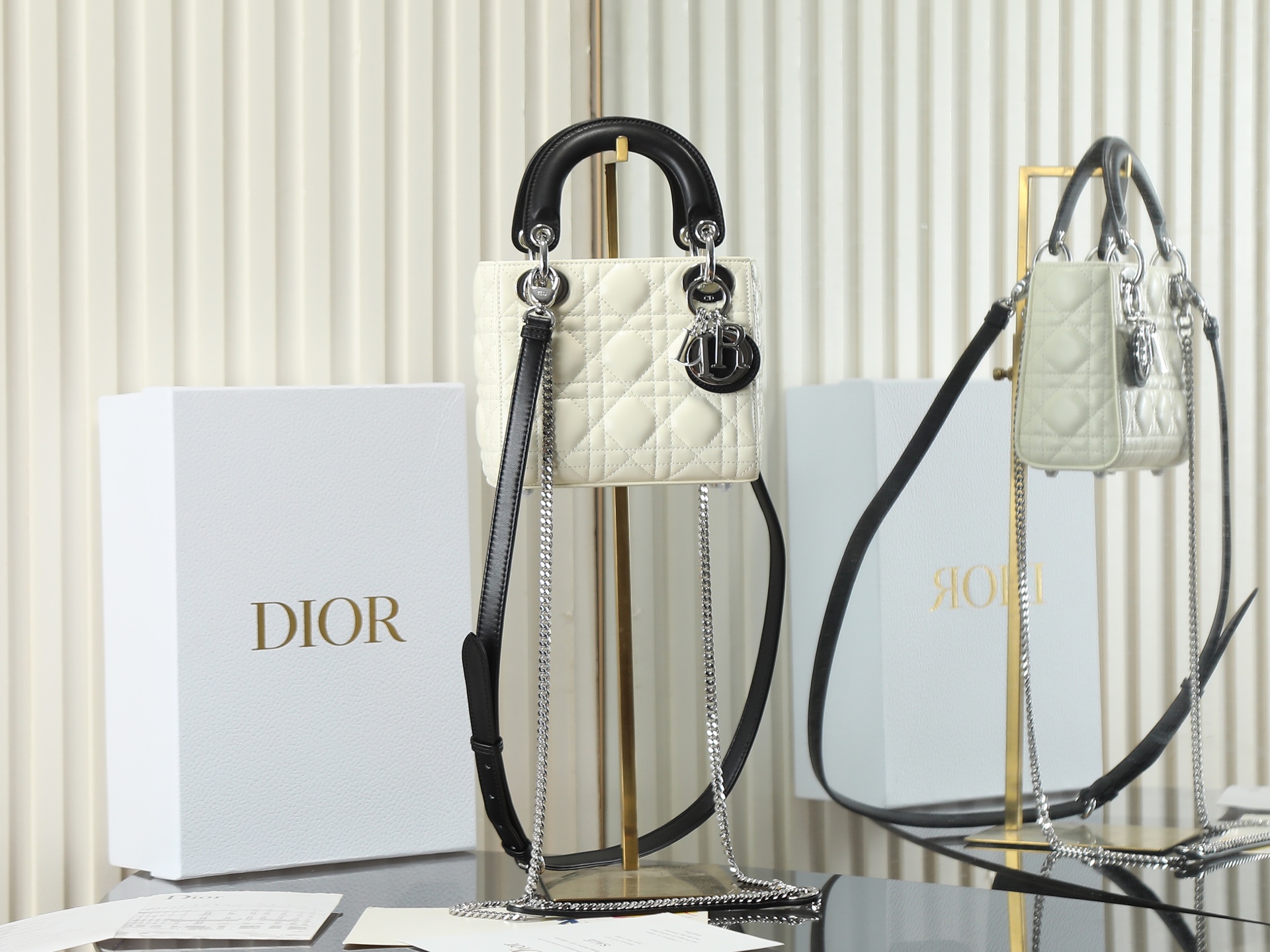 Dior Lady Three Grid Black with White Handbag