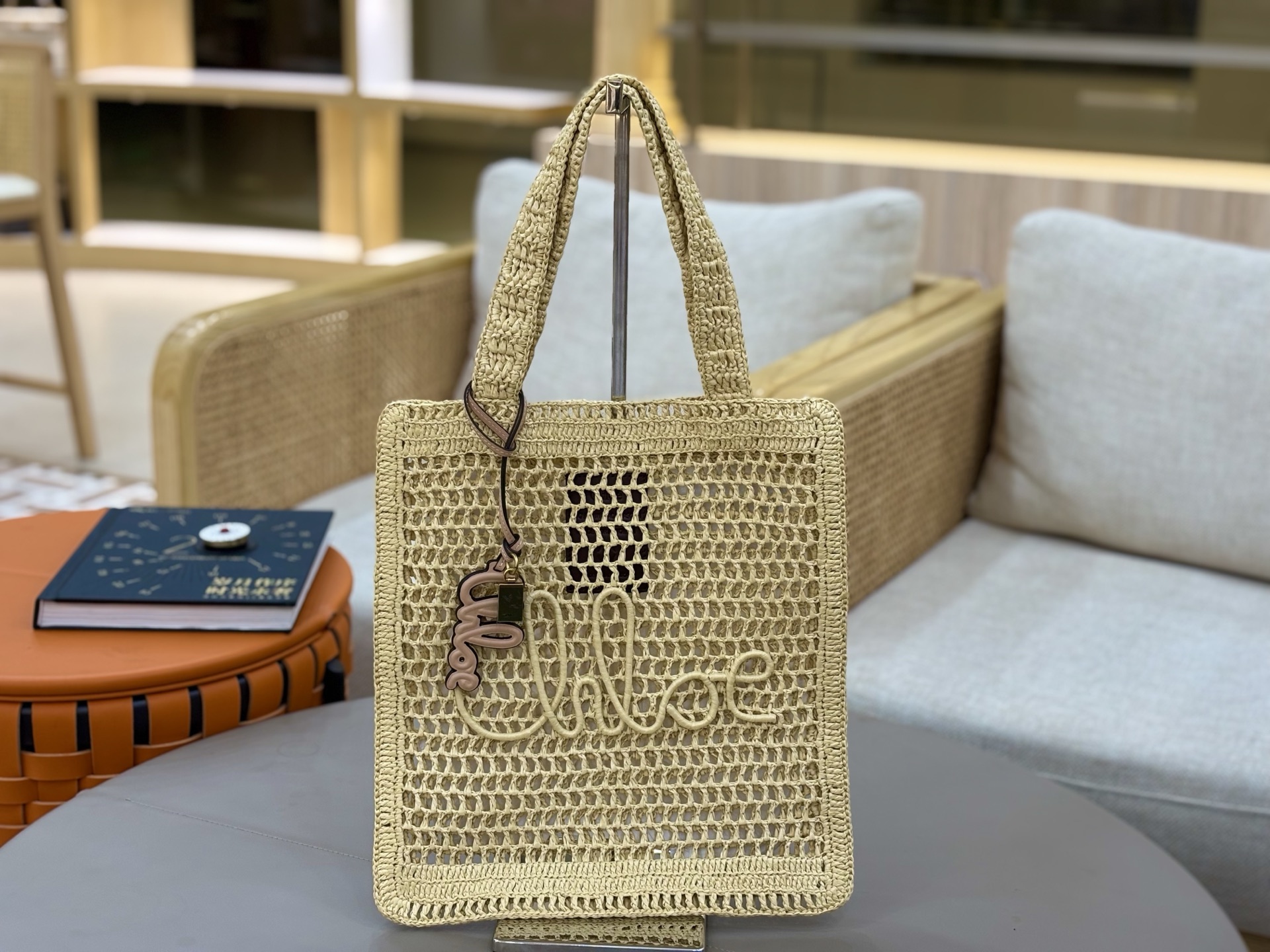 Chloe Summer Banana Tote Bag in Raffia-Sand
