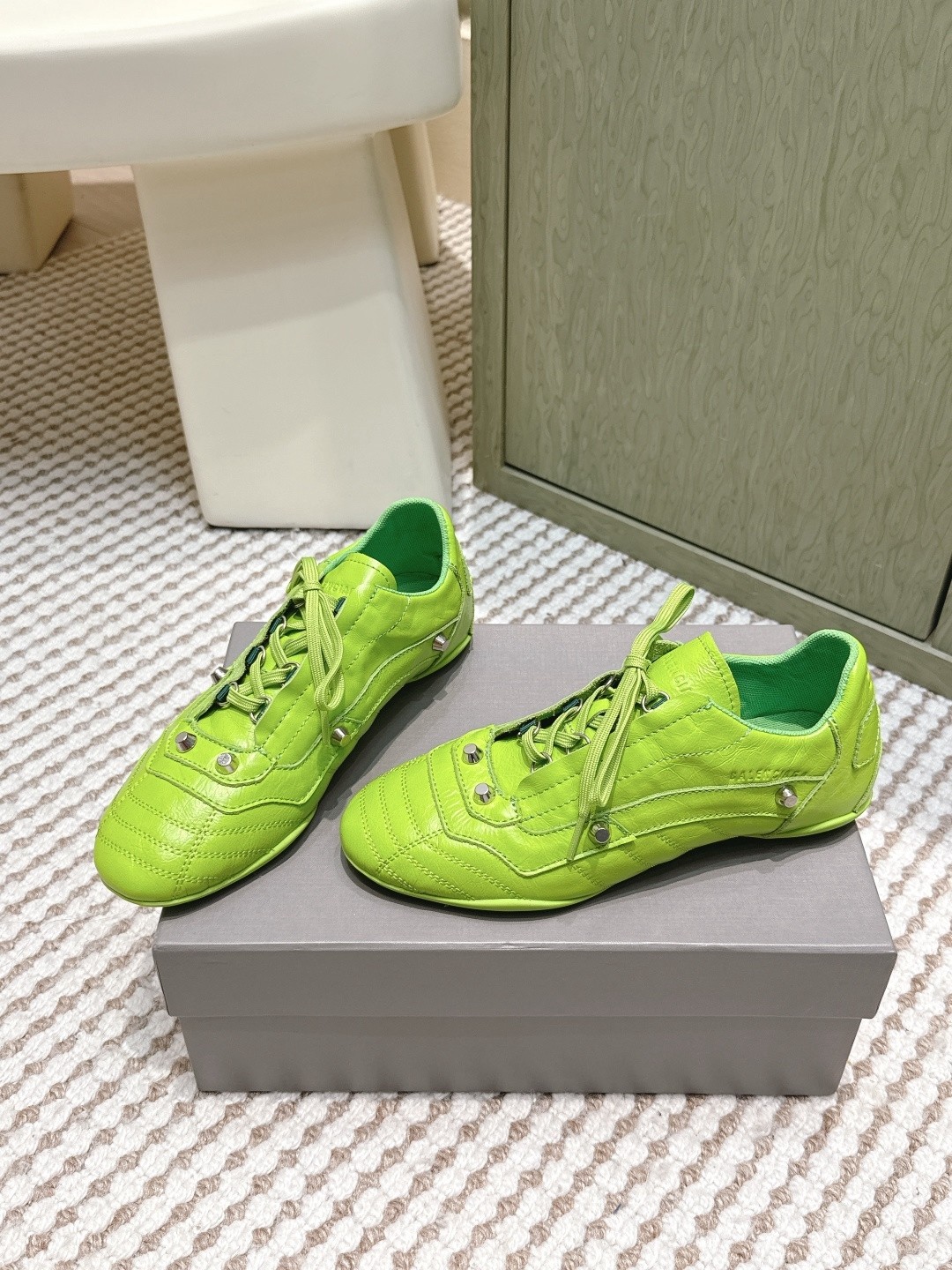 Balenciaga Cagole Fluo Green Arena Studded Quilted Leather Speed GAT Sneakers - KAIROO