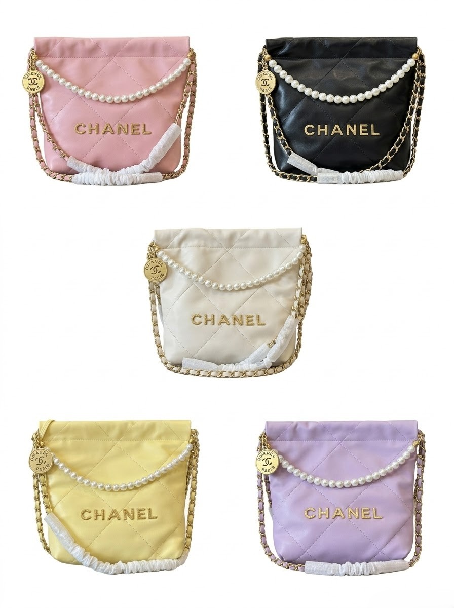 Chanel 22 Mini Diamond Quilted Shiny Crumpled Calf Drawstring Pearl Chain Bucket Bag With Pouch - KAIROO