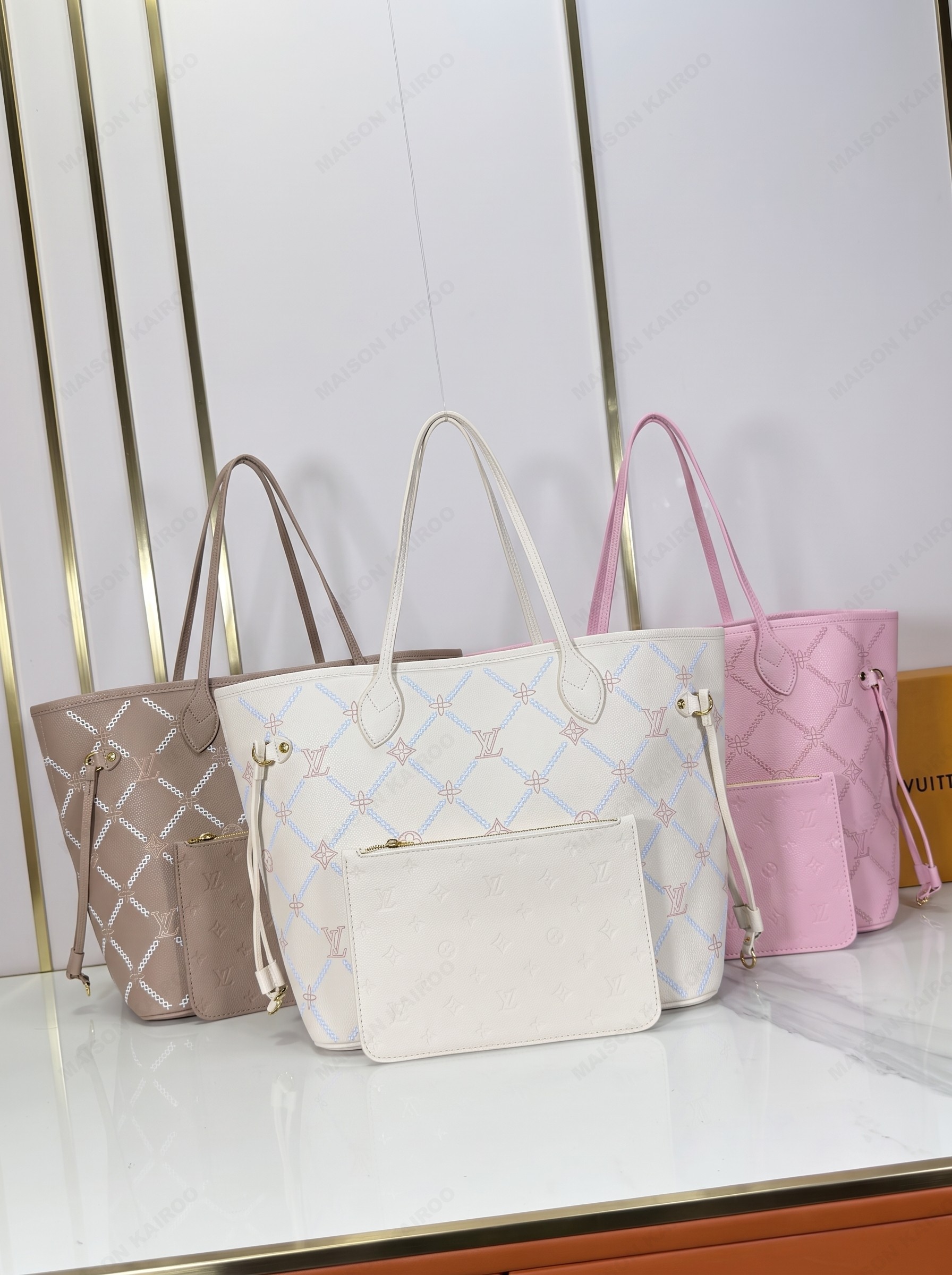 Louis Vuitton LV Neverfull MM Monogram Stitched Grid Empreinte Leather Tote Bag With Pouch - KAIROO