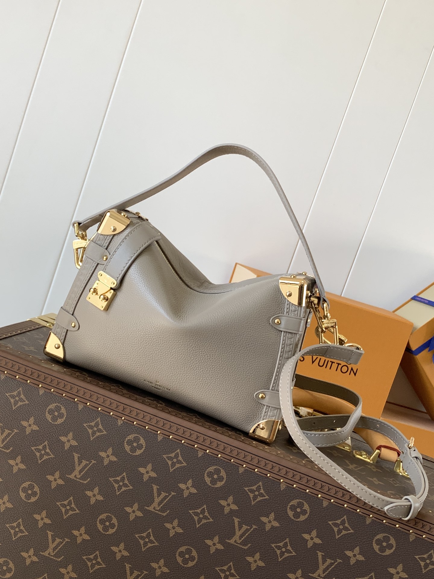 M25072 Side Trunk MM Bag in Taupe Grained Calf leather