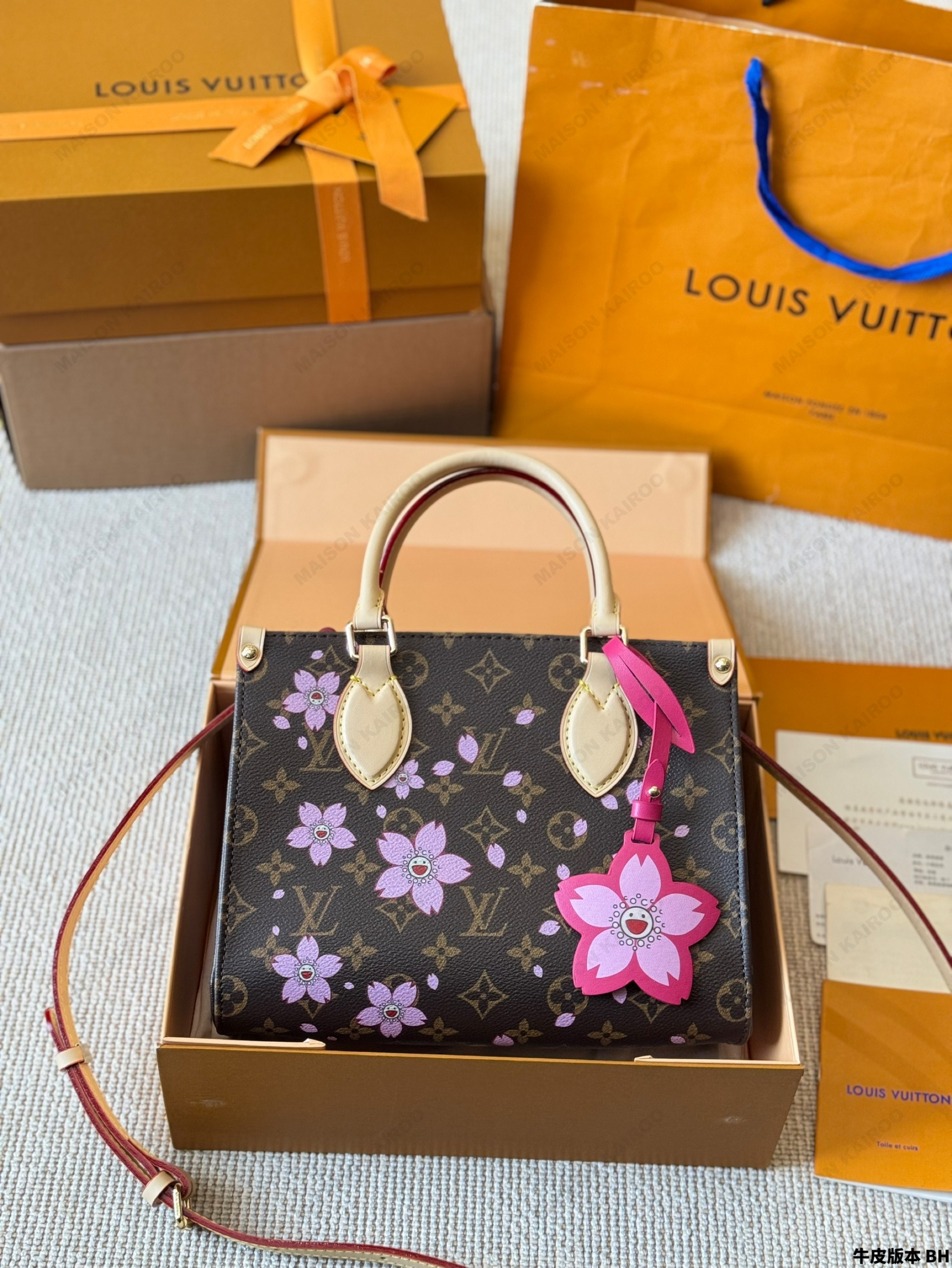 Louis Vuitton LV× TM OnTheGo PM/MM Classic Monogram Pink Cherry Blossom Top Handle Tote Bag - KAIROO