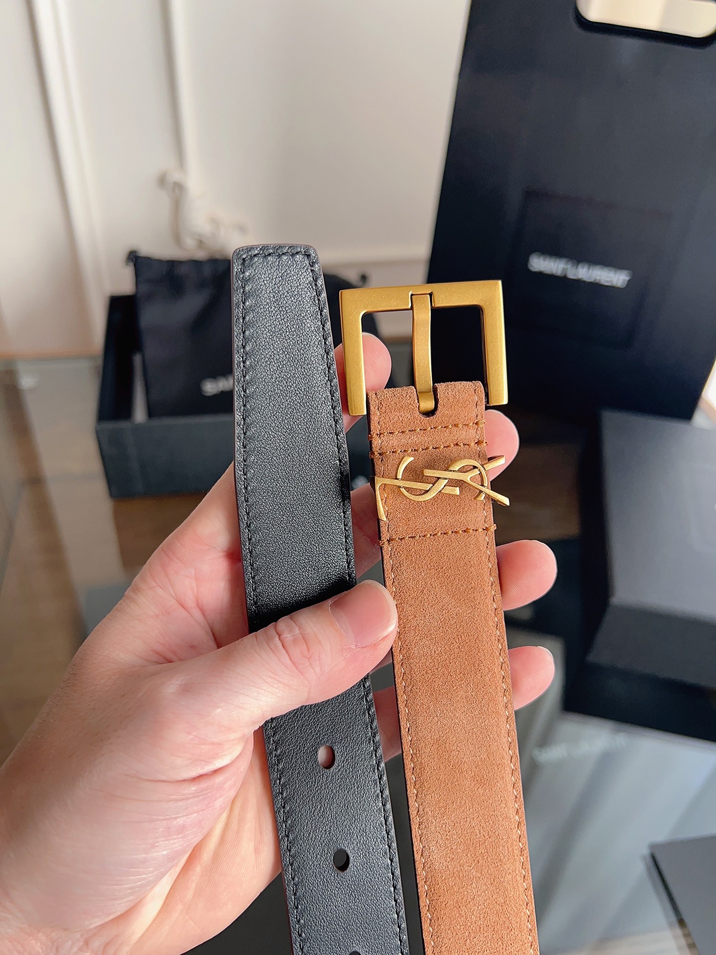 Saint Laurent Brown Cassandre Belt 3cm in suede leather