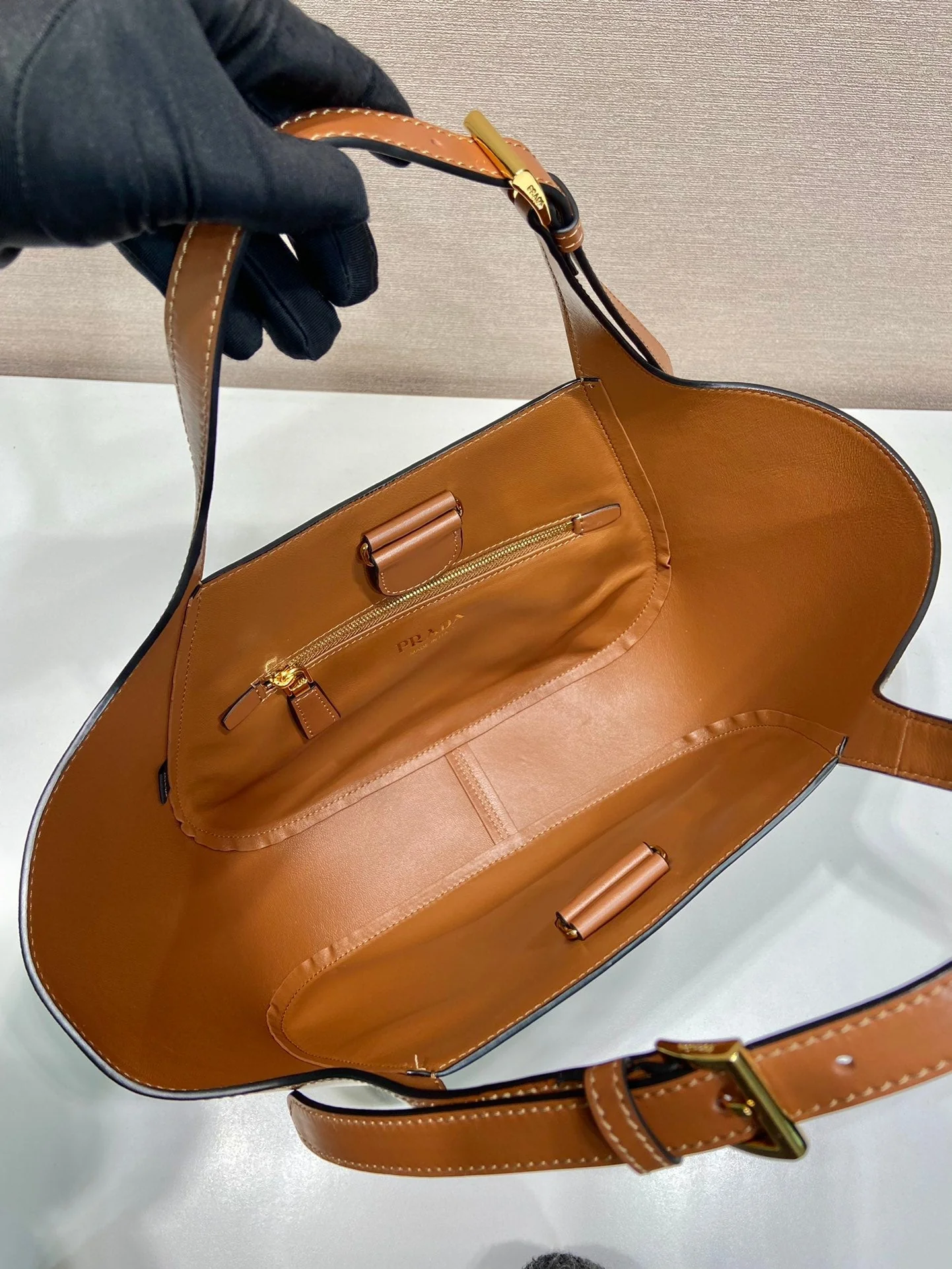 Prada TOTE BAG 28 IN CINNAMON BROWN SHEEPSKIN GOLD LOGO