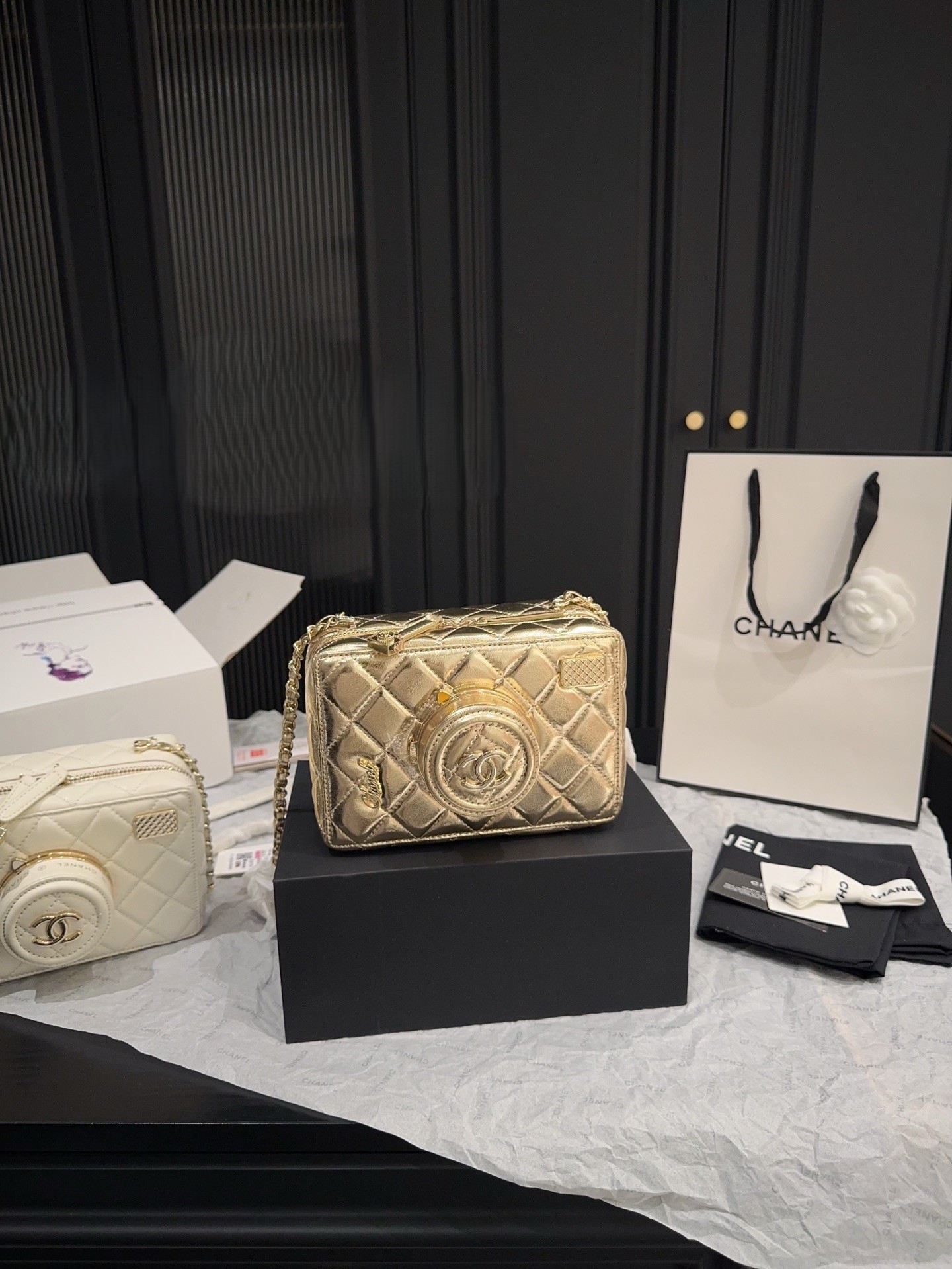 Chanel 24S Quilted Shiny Leather 3D Flip Mirror Lens Chain Strap Camera Box Shoulder Bag - KAIROO