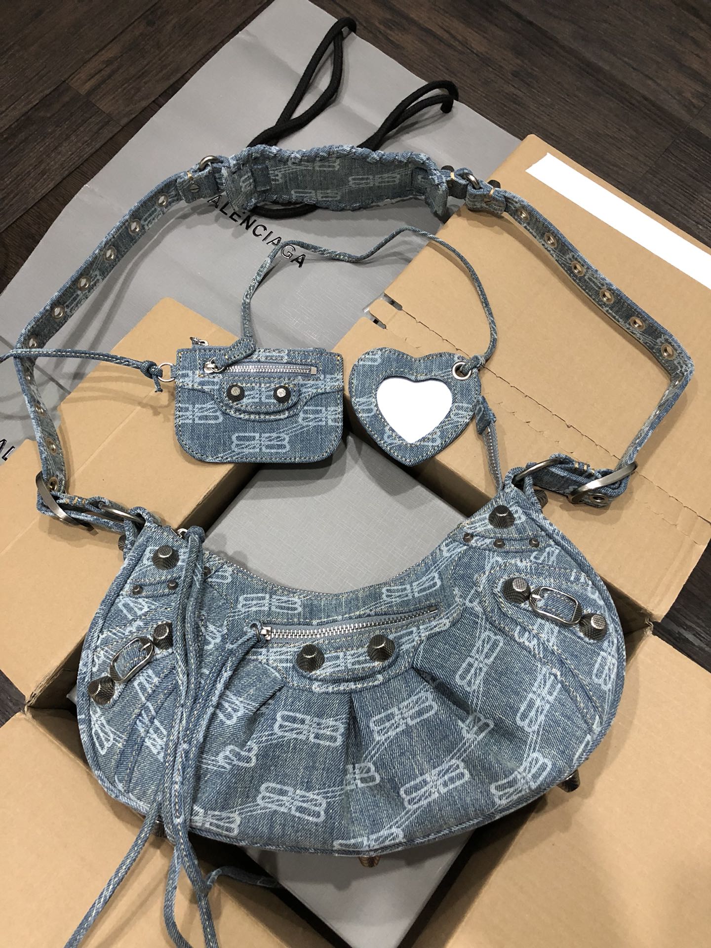 Balenciaga Le Cagole BB Monogram Denim Studded Purse & Heart Mirror Charm Hobo Shoulder Bag - KAIROO