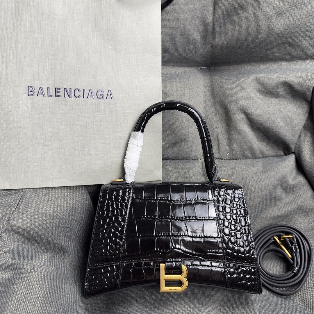 𝐁alenciaga Hourglass Small Handbag in black crocodile embossed calfskin