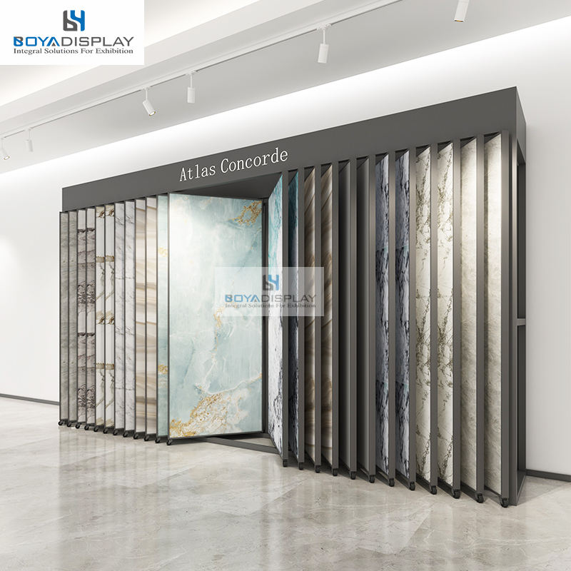 Custom Granite and Marble Tile Display Stand Independent Framed Rock Plate Flip Display Stand with Wheels