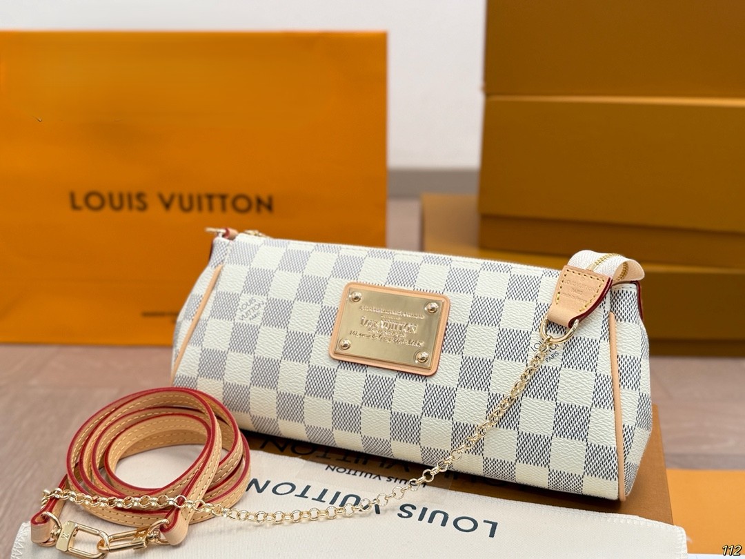 Louis Vuitton LV Pochette Eva Damier Azur White Canvas Gold Plate Horizontal Baguette Hobo Shoulder Bag - KAIROO