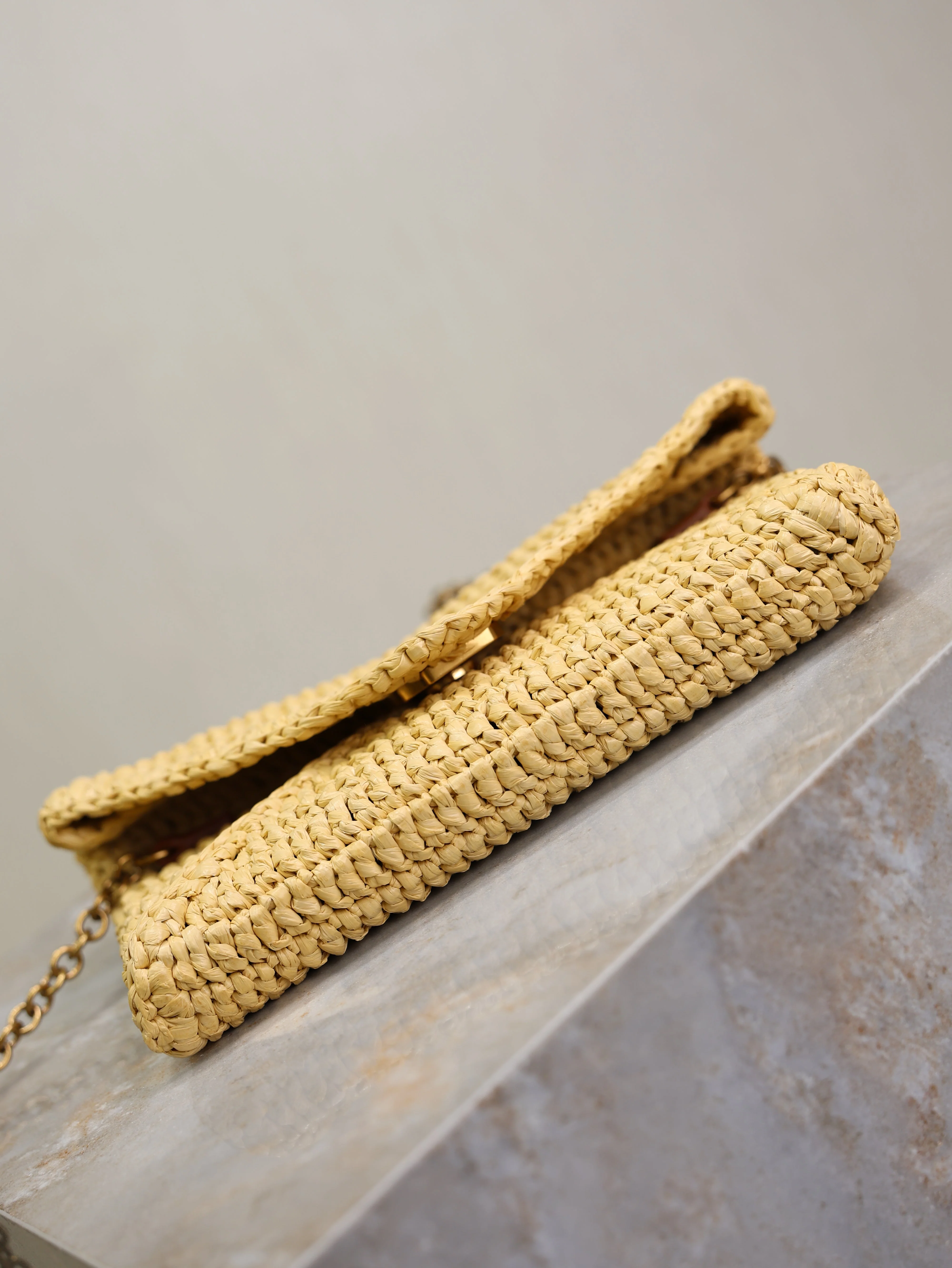 Saint Laurent YSL Calypso Bag 19cm Beige Raffia Leather