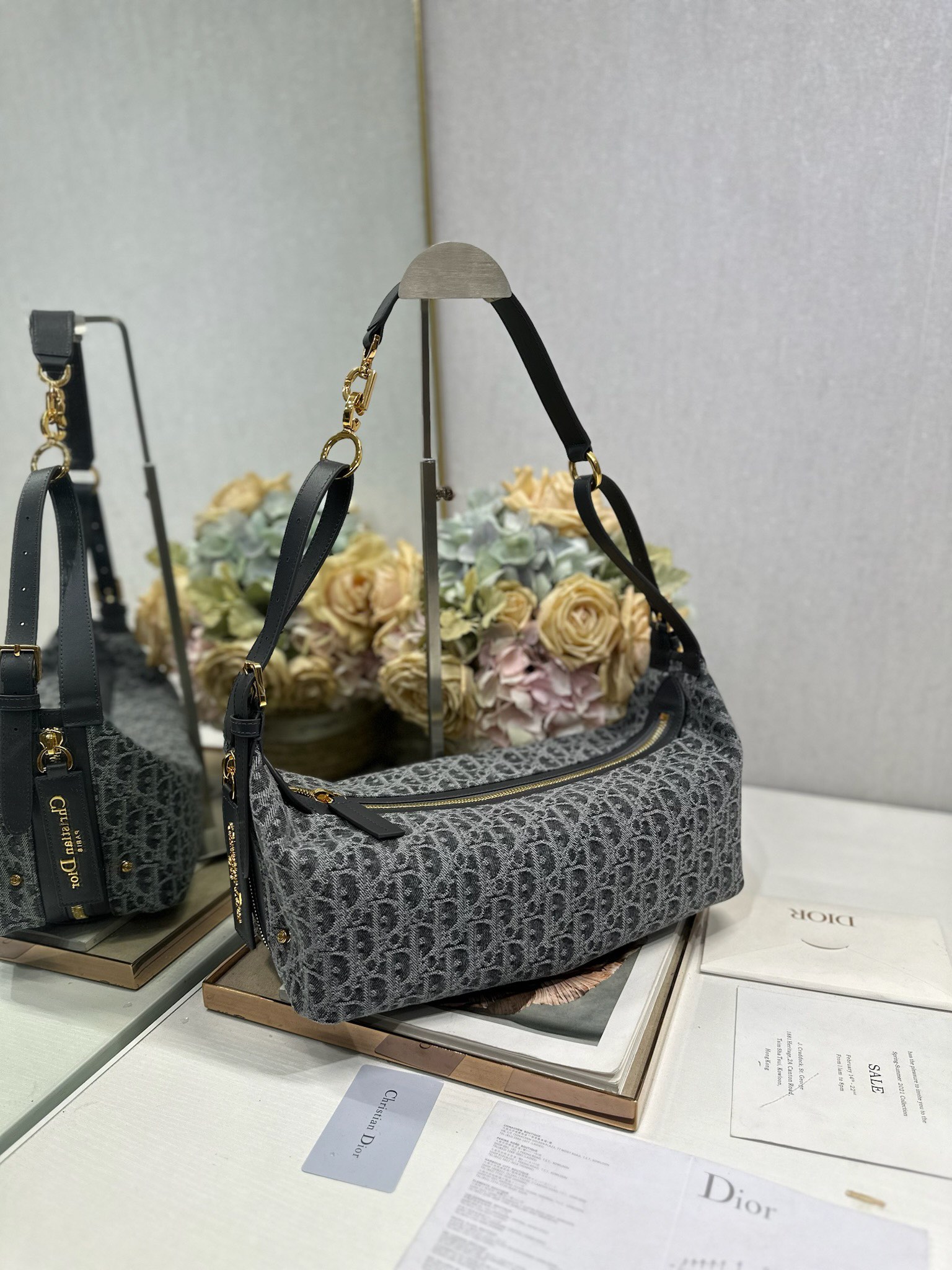 Dior D-Journey Medium Shoulder Bag in Dark Grey grey Oblique canvas and leather