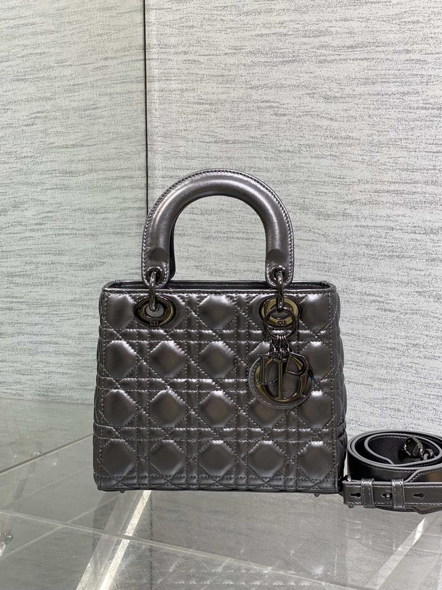 Small Lady Dior My ABC Bag in Metallic Gunmetal  Cannage Lambskin