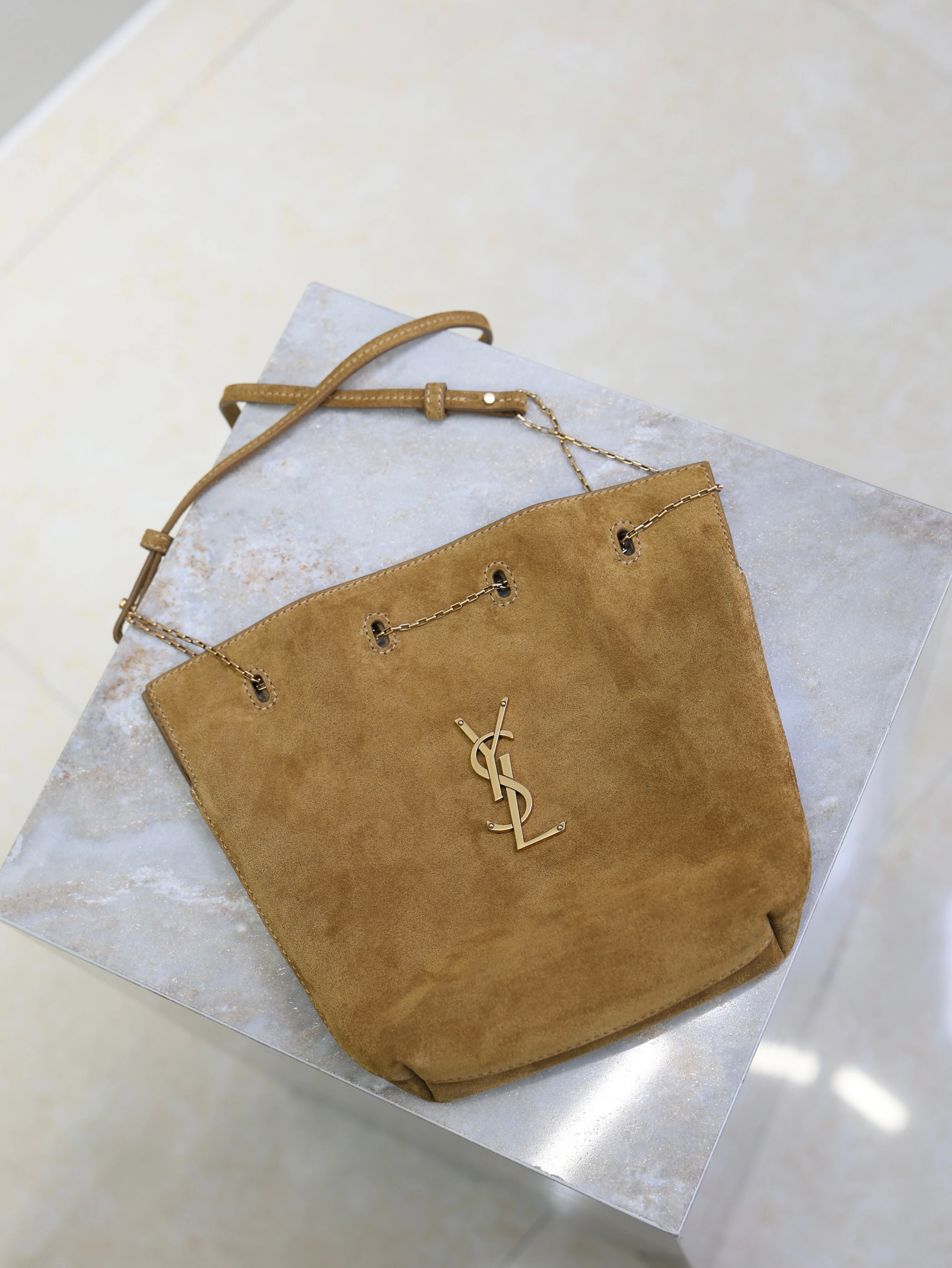 Saint Laurent YSL Pochon Bucket Bag 20cm Brown Suede Bronze-Tone HW
