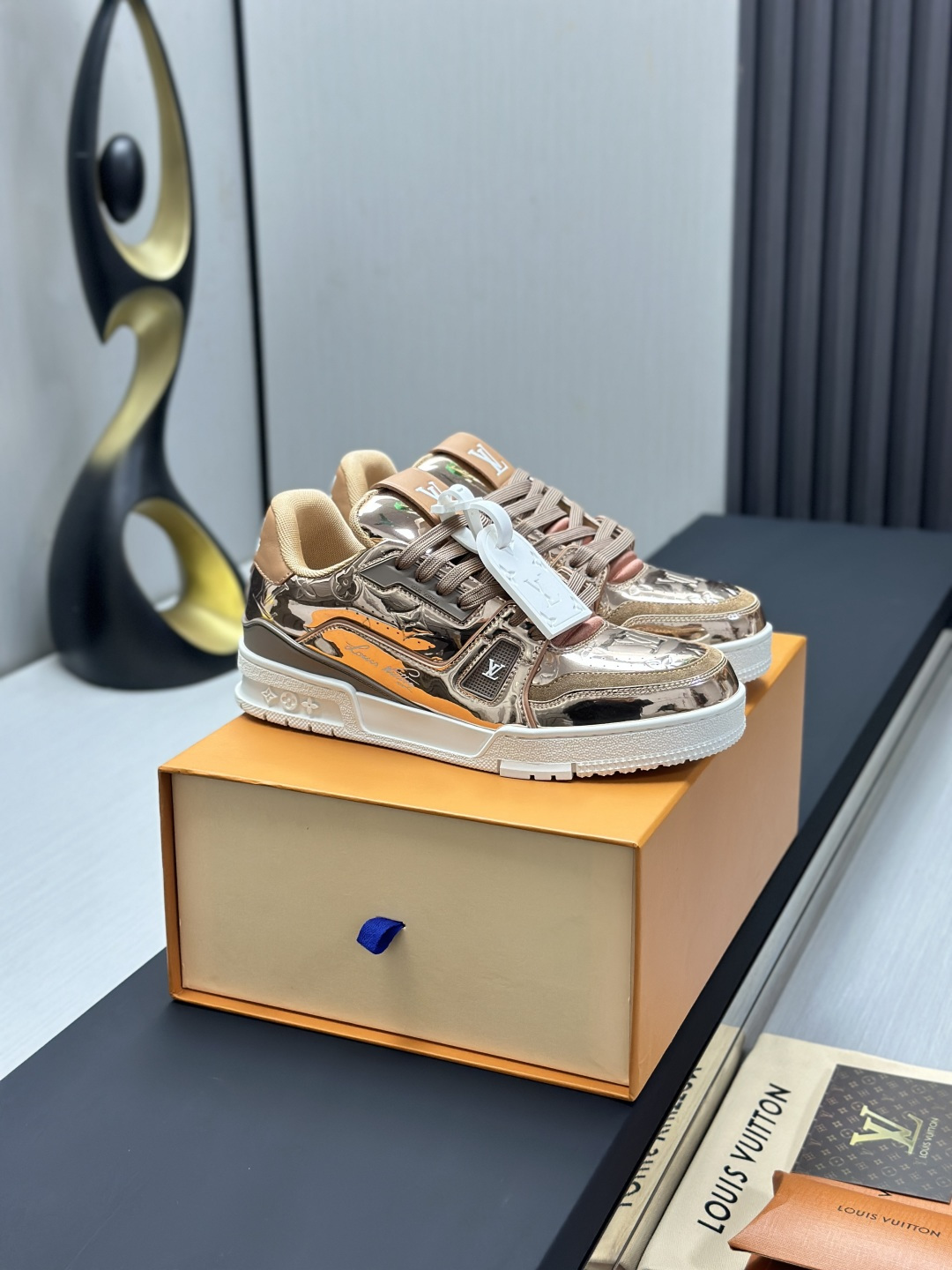 Louis Vuitton LV Trainer Embossed Monogram Metallic Mirror Rose Gold Leather Low Top Sneakers - KAIROO