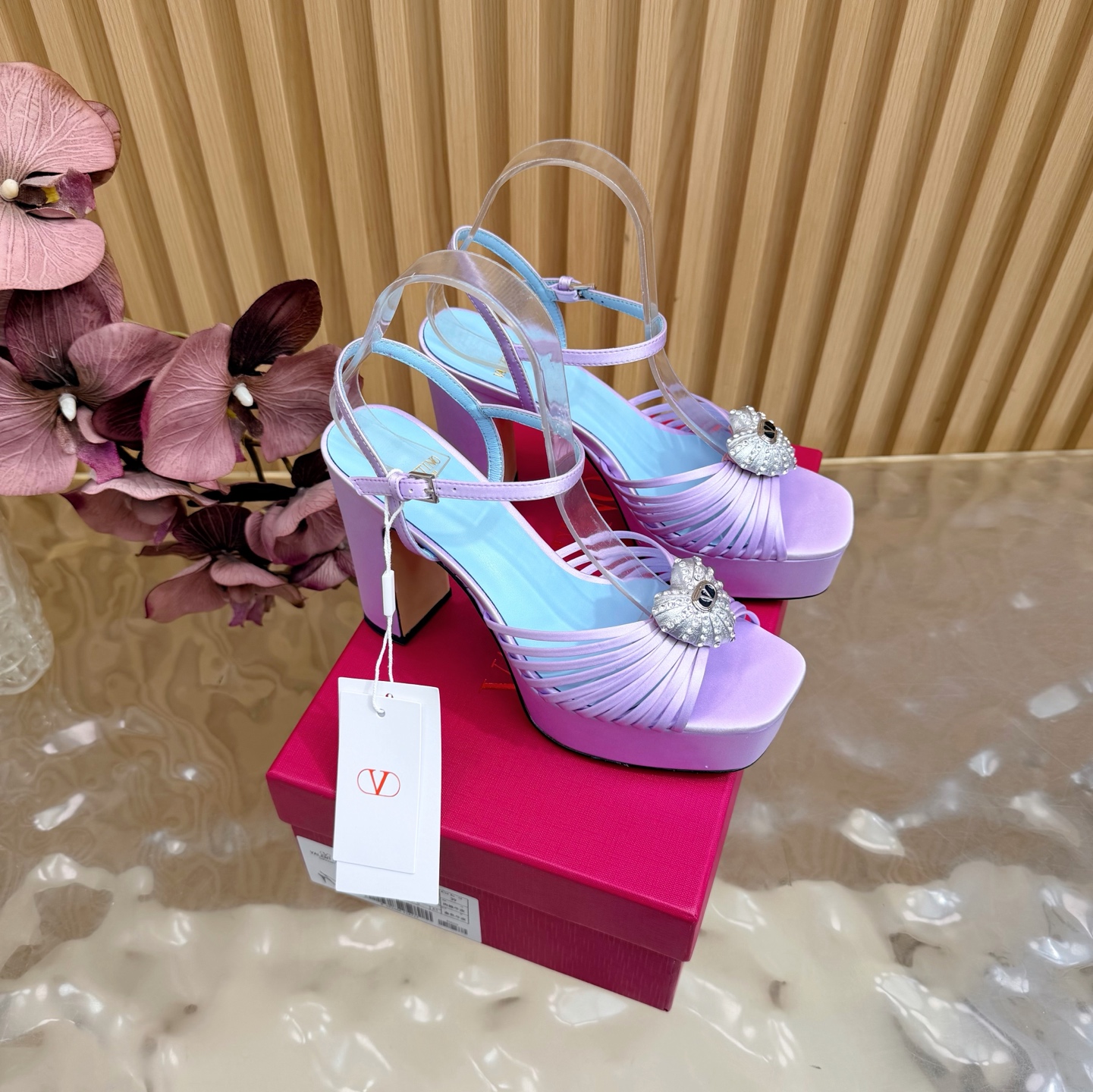 Valentino Garavani Lavender VLogo Crystal Brooch Satin Multi Straps Platform Square Toe Chunky Heel Sandals - KAIROO