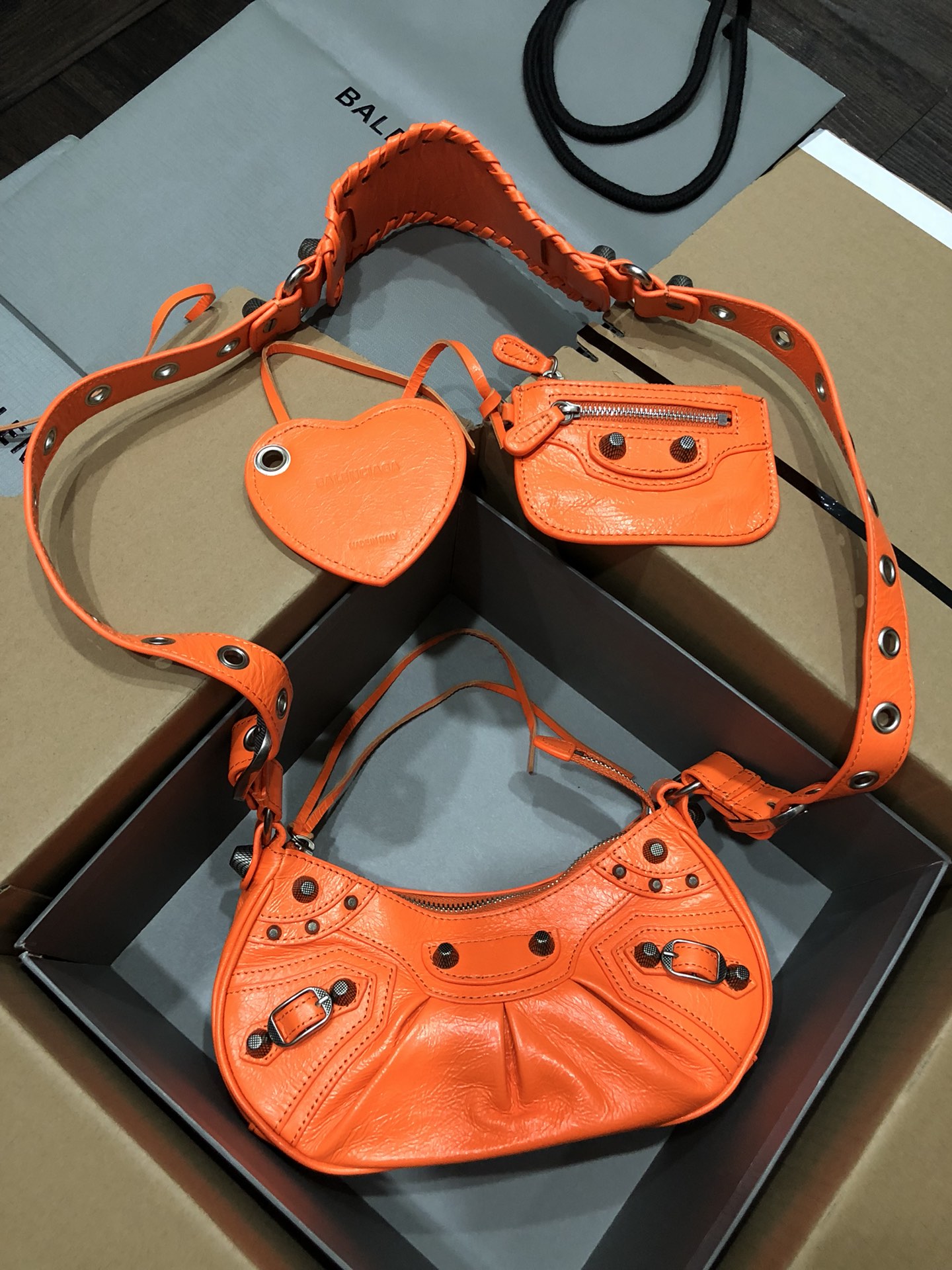 Balenciaga Le Cagole Orange Limited Crinkled Leather Studded Purse& Heart Mirror Charm Hobo Shoulder Bag - KAIROO