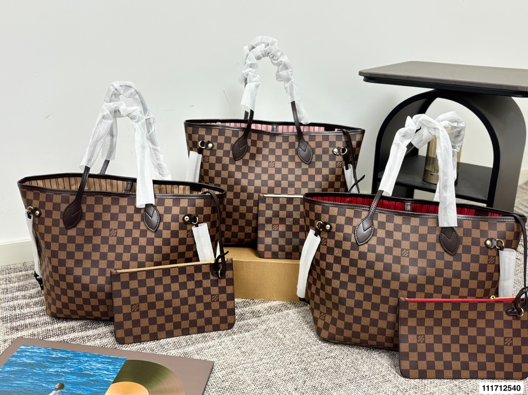 Louis Vuitton LV Neverfull PM/MM/GM Damier Ebene Red/Pink/Sand Lining Tote Top Handle Bag With Pouch - KAIROO