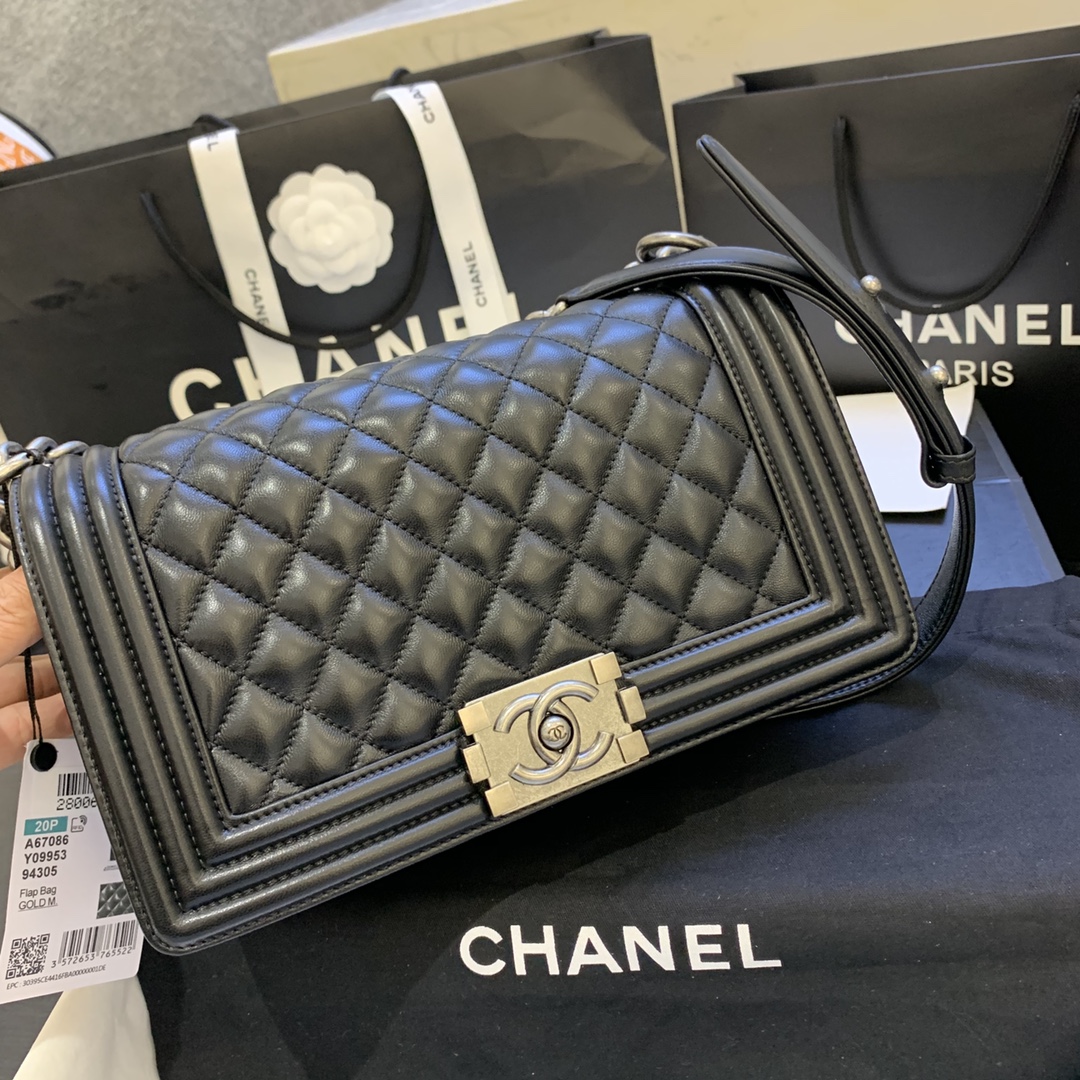 Chanel Medium Boy Bag in Black Lambskin Ruthenium-Finish Metal