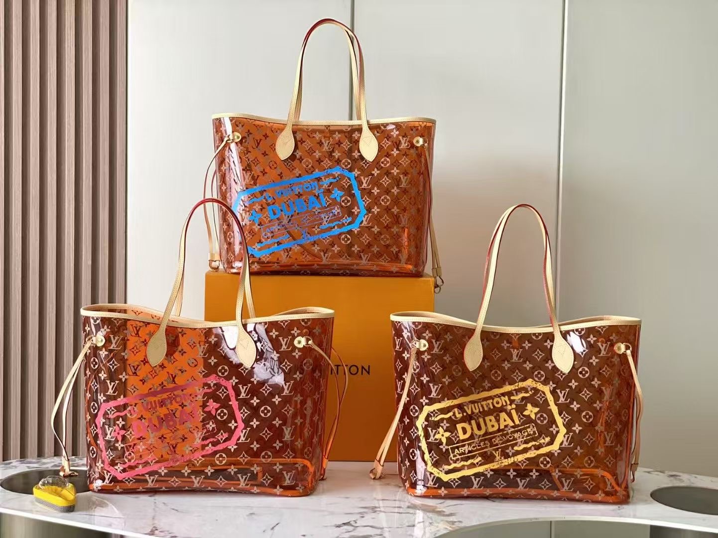 【10A】Louis Vuitton LV Neverfull GM Amber PVC Transparent Clear Dubai Stamp Monogram Pool Tote Bag With Pouch - KAIROO