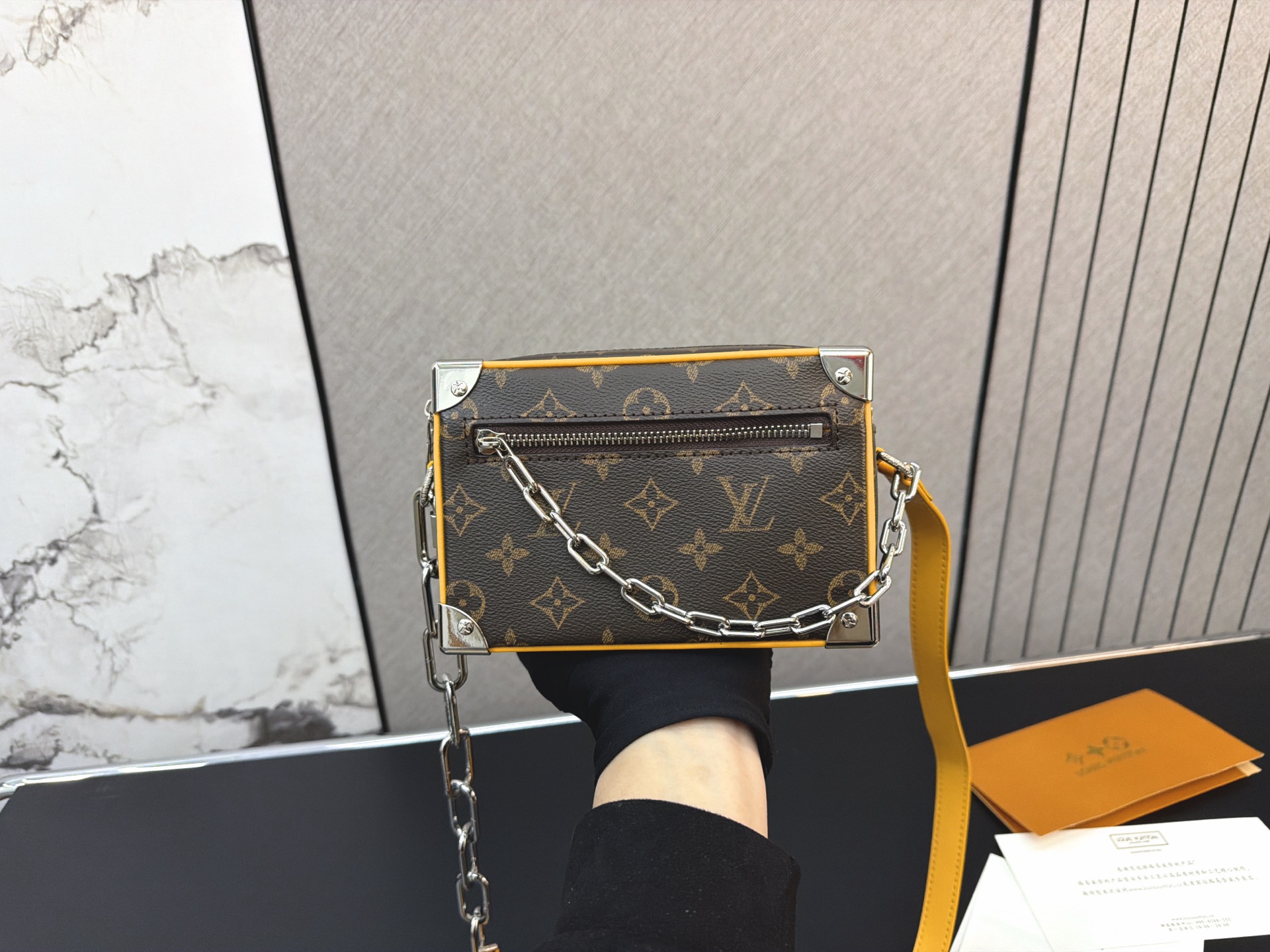 Louis Vuitton LV Mini Soft Trunk Monogram Canvas Yellow Trim Silver Metal Thick Link Chain Shoulder Bag - KAIROO