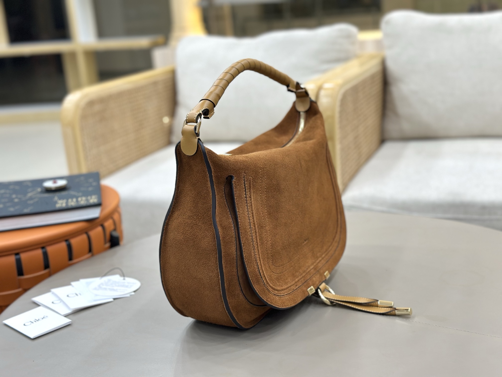 Chloe Large Marcie Shoulder Bag in Suede Calfskin-Camel