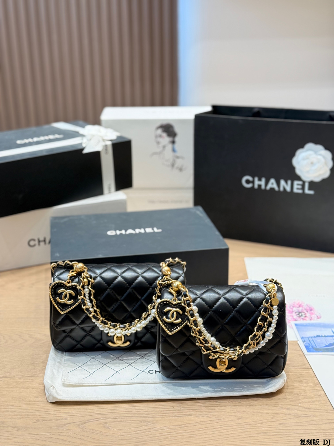 Chanel 24K Mini Square CF 20CM /17CM Quilted Leather Tonal Heart Charm Pearl Chain Flap Bag - KAIROO