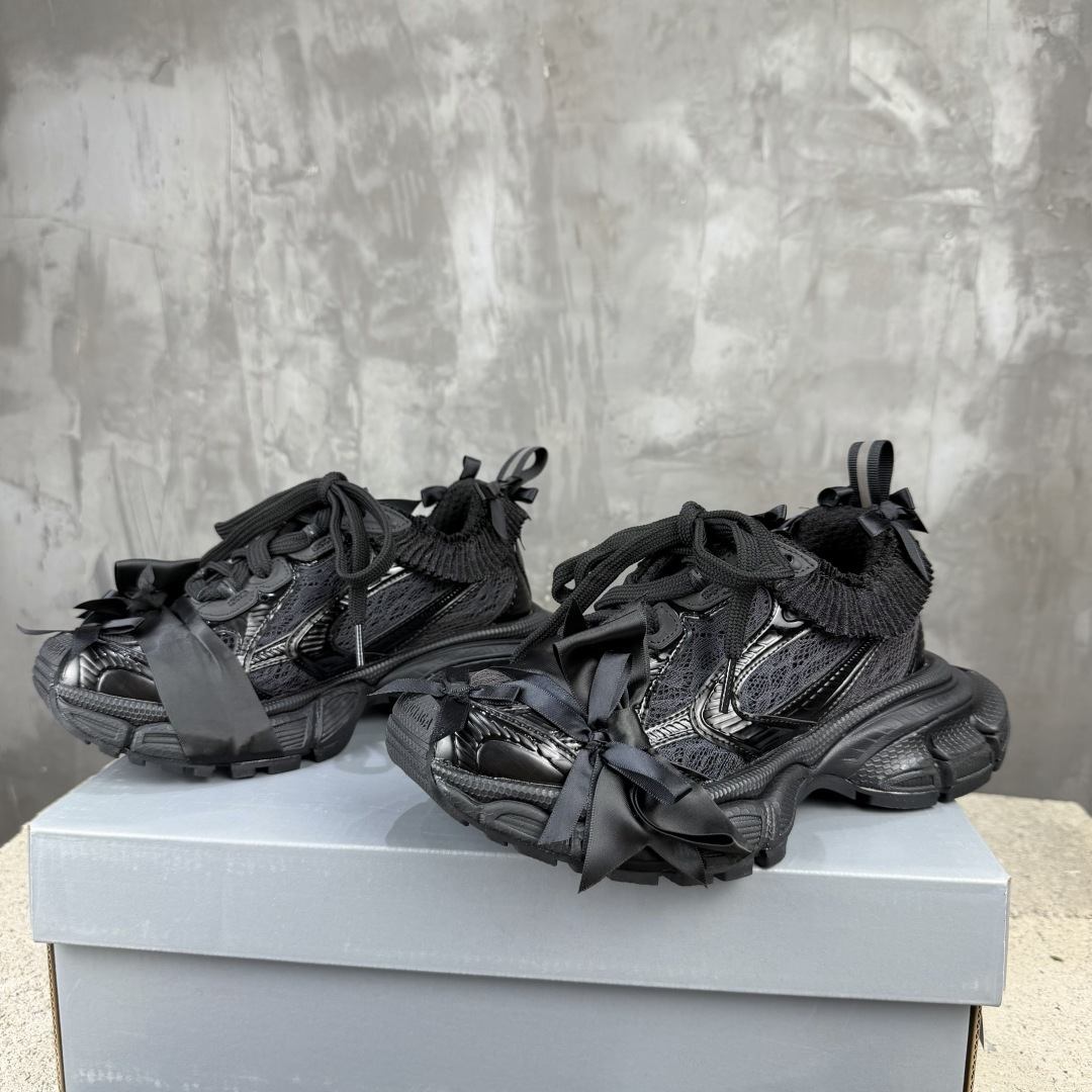 Balenciaga 3XL Black Lace Mesh Satin Ribbon Bow Ruffle Trim Oversized Chunky Sneaker - KAIROO