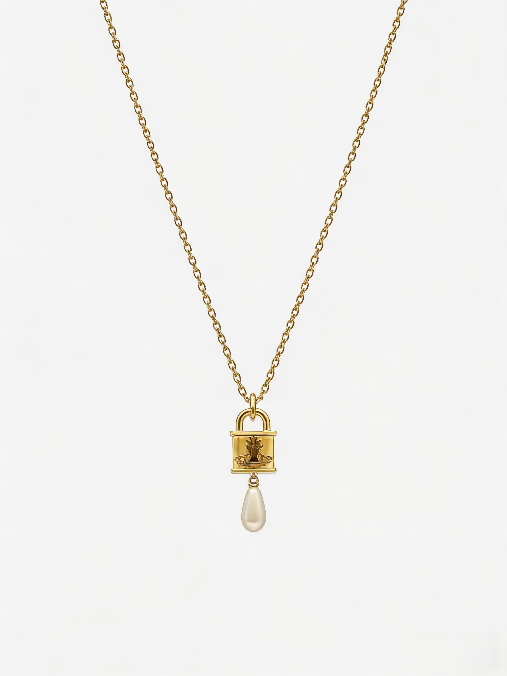 Elegant Gold Lock Pendant Necklace with Pearl Drop – Dainty Jewelry Gift for Her