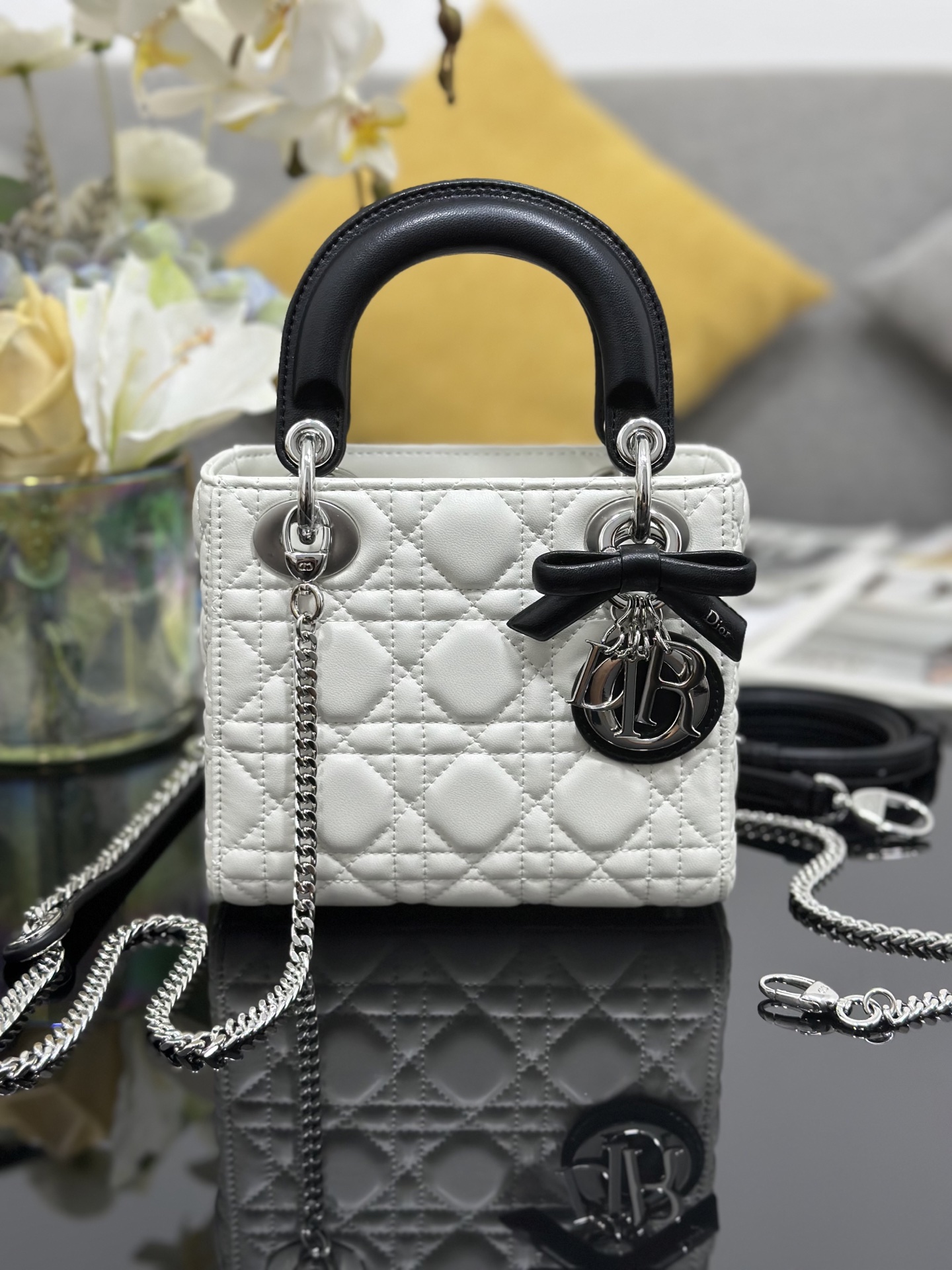 Mini Lady Dior Bag in White/Black Cannage Lambskin