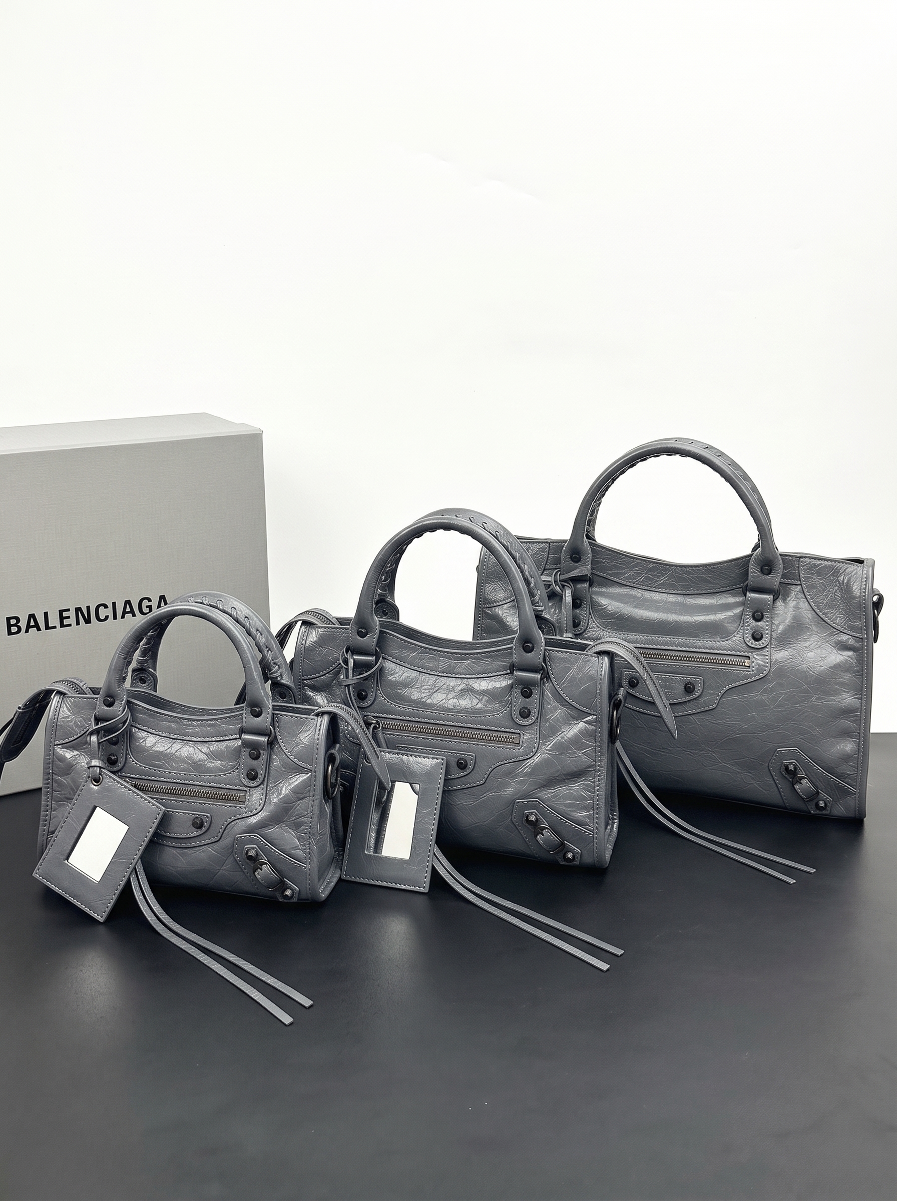Balenciaga Le City Charcoal Grey Soft Crinkled Leather Studded Mirror Charm Braided Handle Crossbody Bag - KAIROO