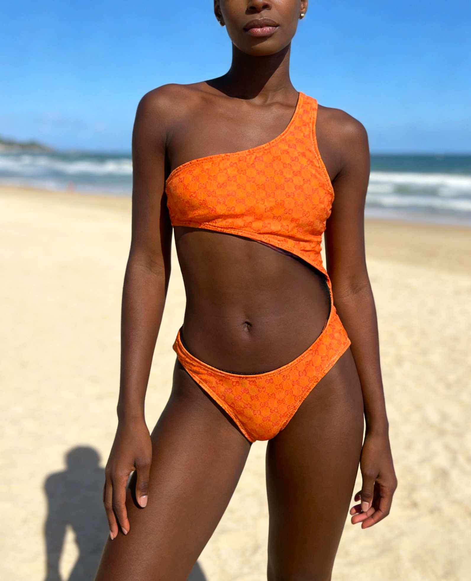 Gucci Monogram GG Print Orange One-Shoulder Cutout One-Piece Swimsuit - KAIROO