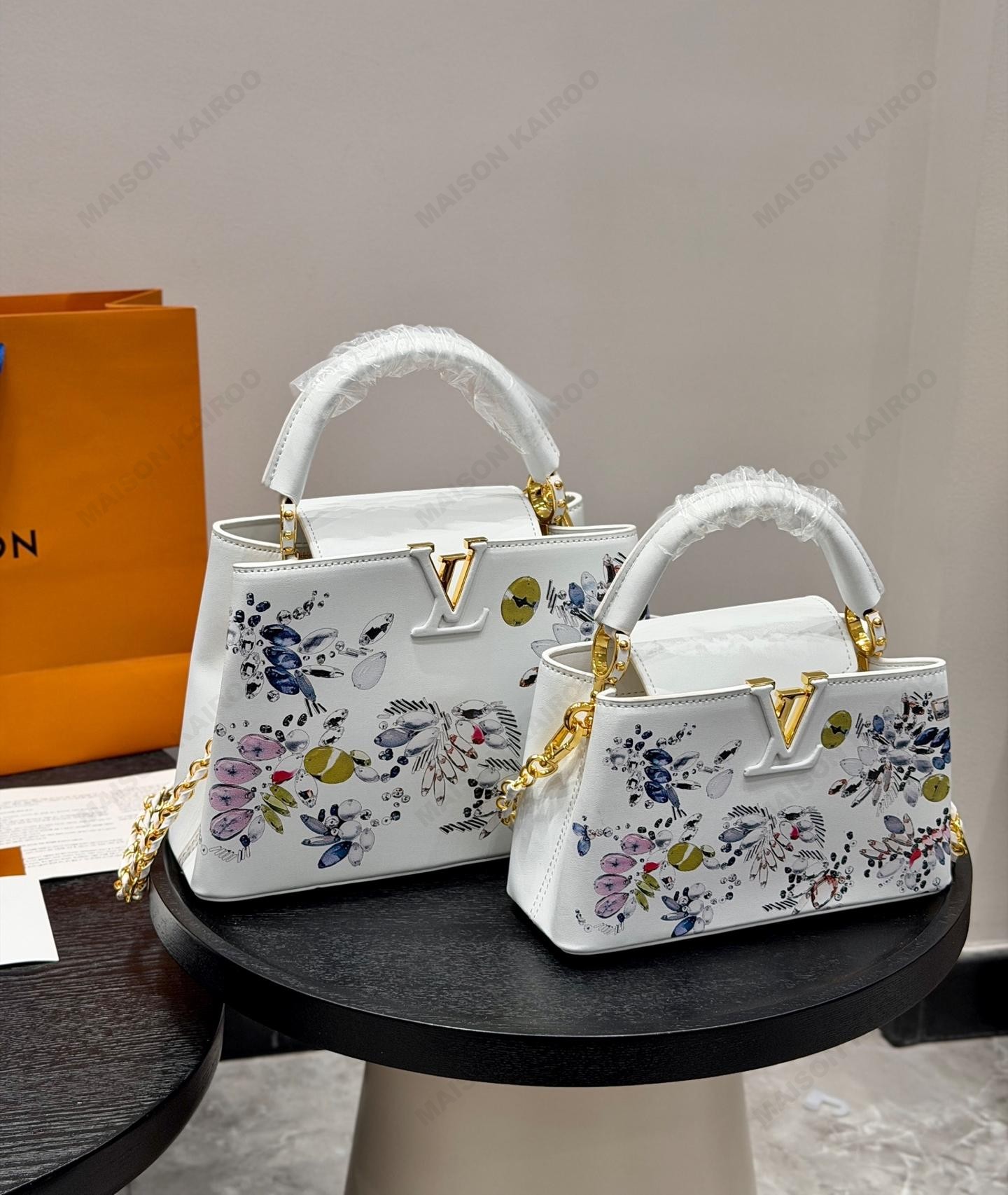 Louis Vuitton LV Capucines BB/East West Mini White Crystal Jewels Motif Painted Leather Top Handle Bag - KAIROO
