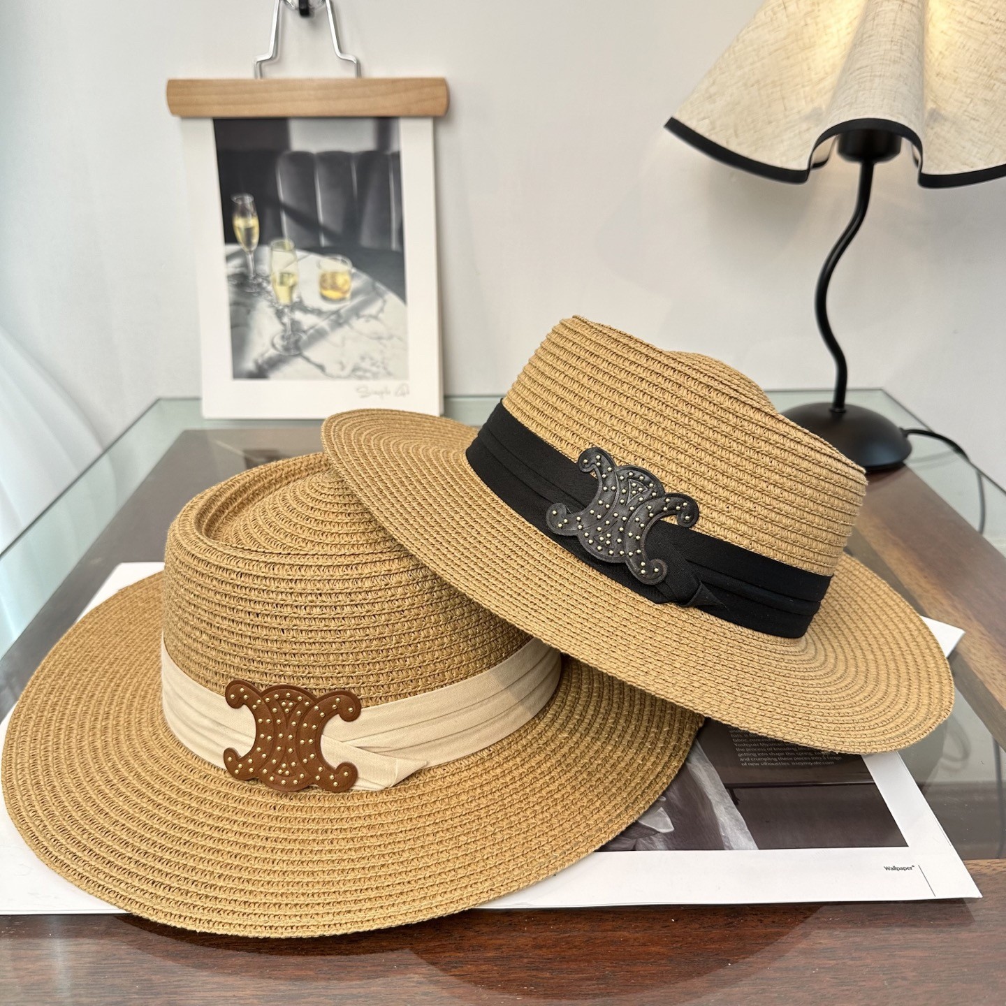 Celine Claude Straw Grosgrain Ribbon Studded Leather Triomphe Patch Fedora Hat - KAIROO