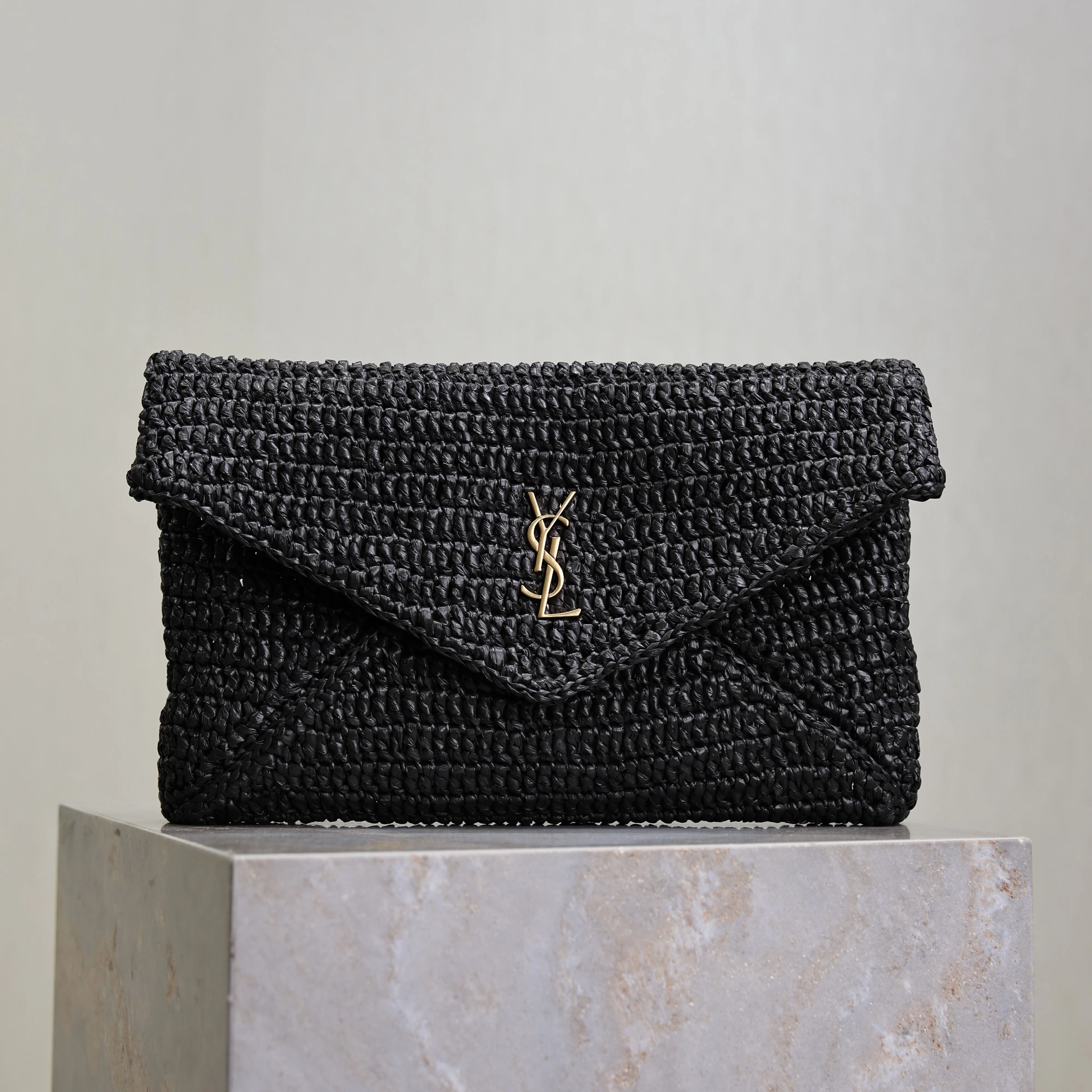 Saint Laurent YSL Envelope Clutch 29cm Black Raffia Leather