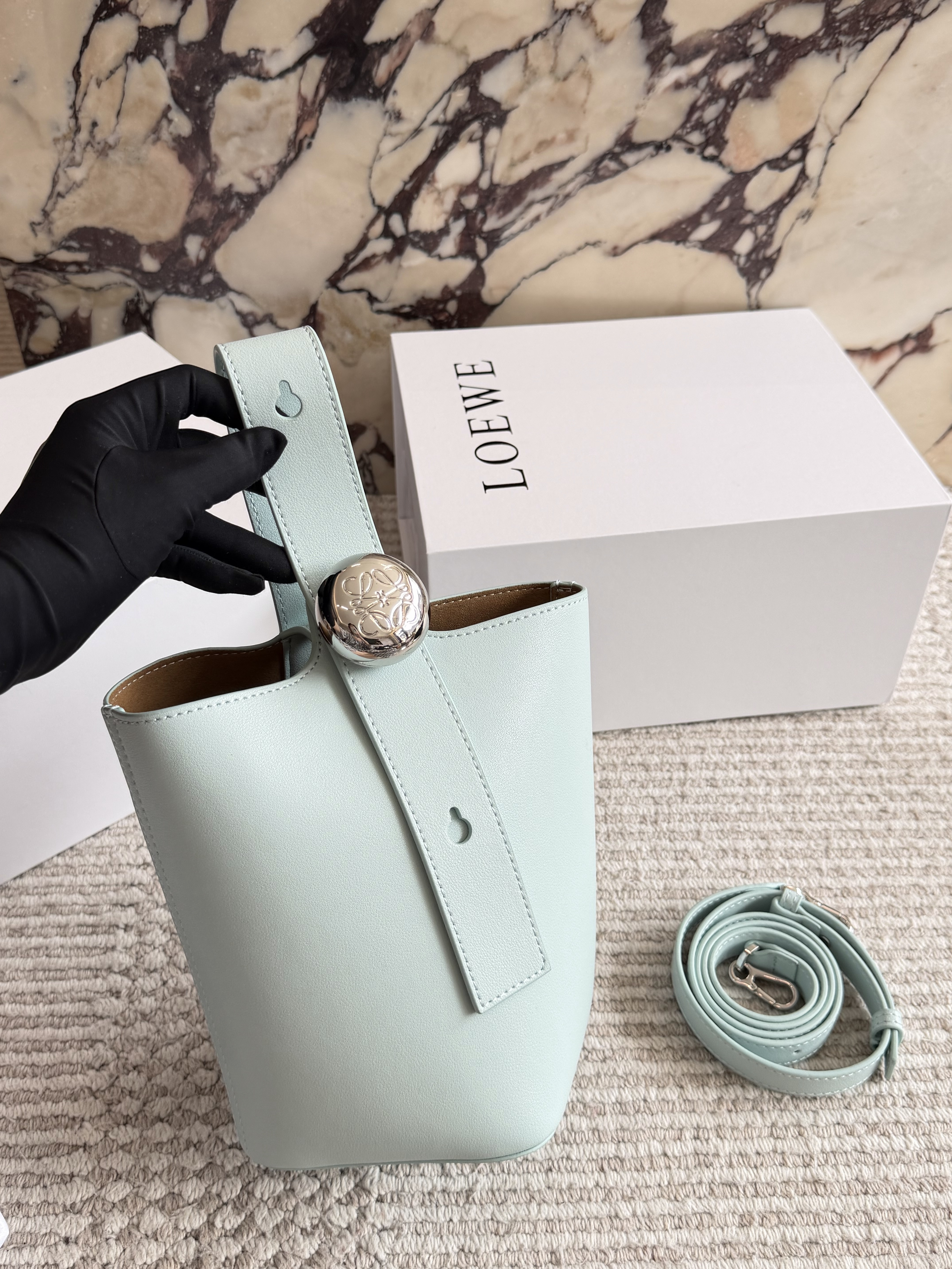 Loewe Small Calfskin Leather Anagram Silver Hardware Pebble Bucket Handle Crossbody Bag - KAIROO