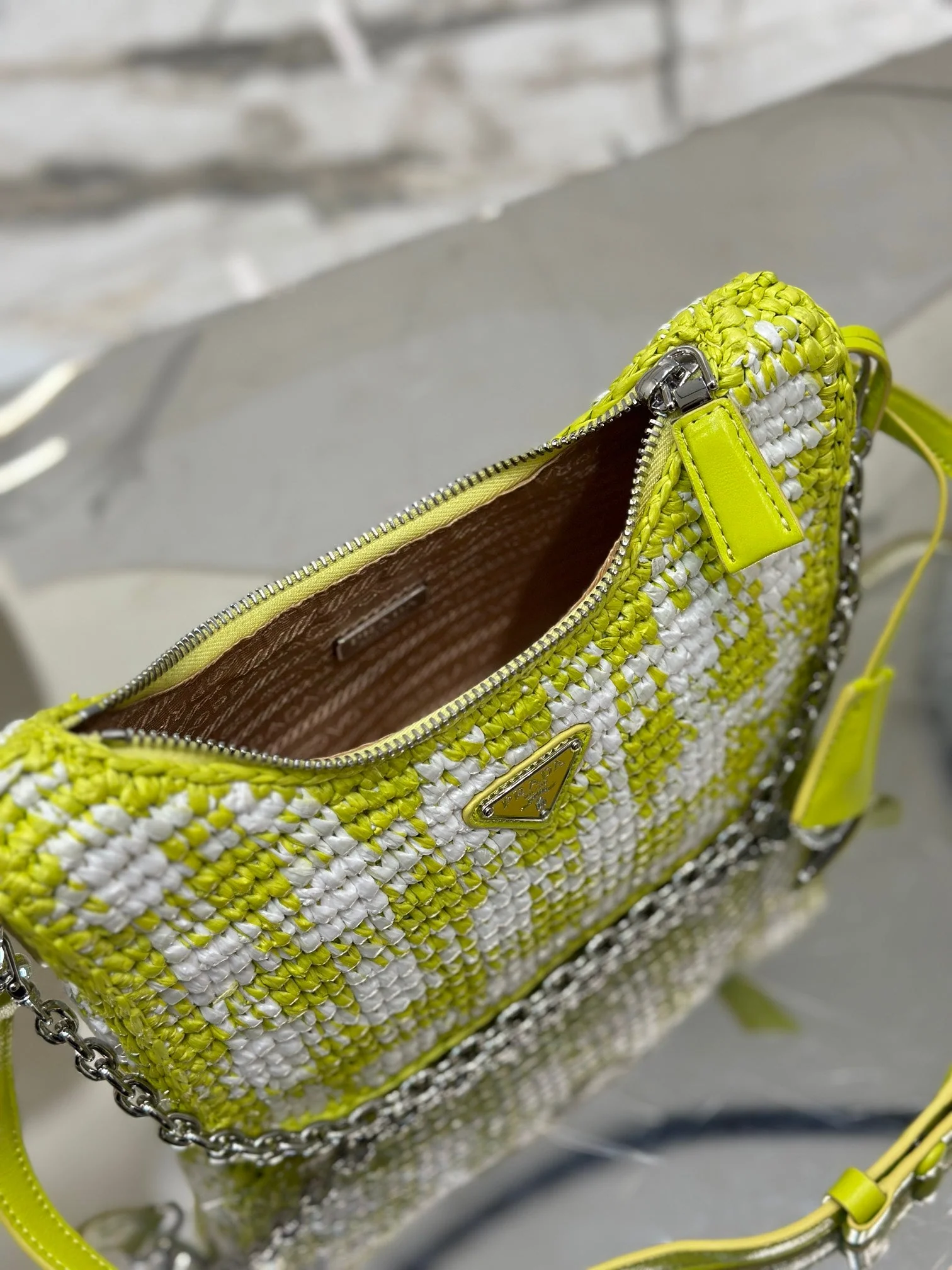 Prada CROCHET HOBO BAG 22 IN VOLT GREEN MIX WHITE RAFFIA SILVER HARDWARE