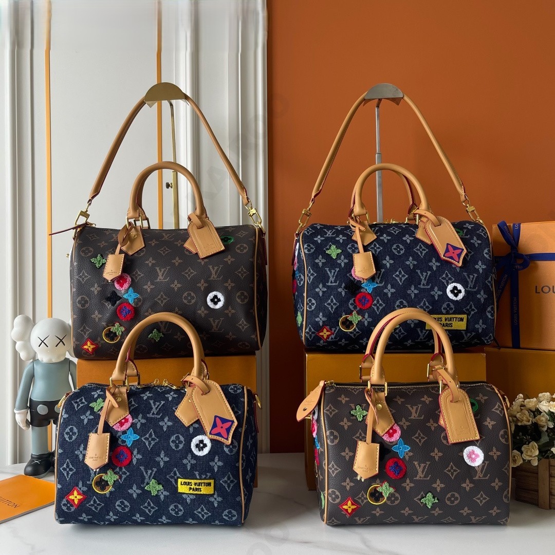 Louis Vuitton LV Speedy 25/30 Canvas& Denim Monogram Multicolor 3D Embroidered Patch Boston Top Handle Bag - KAIROO