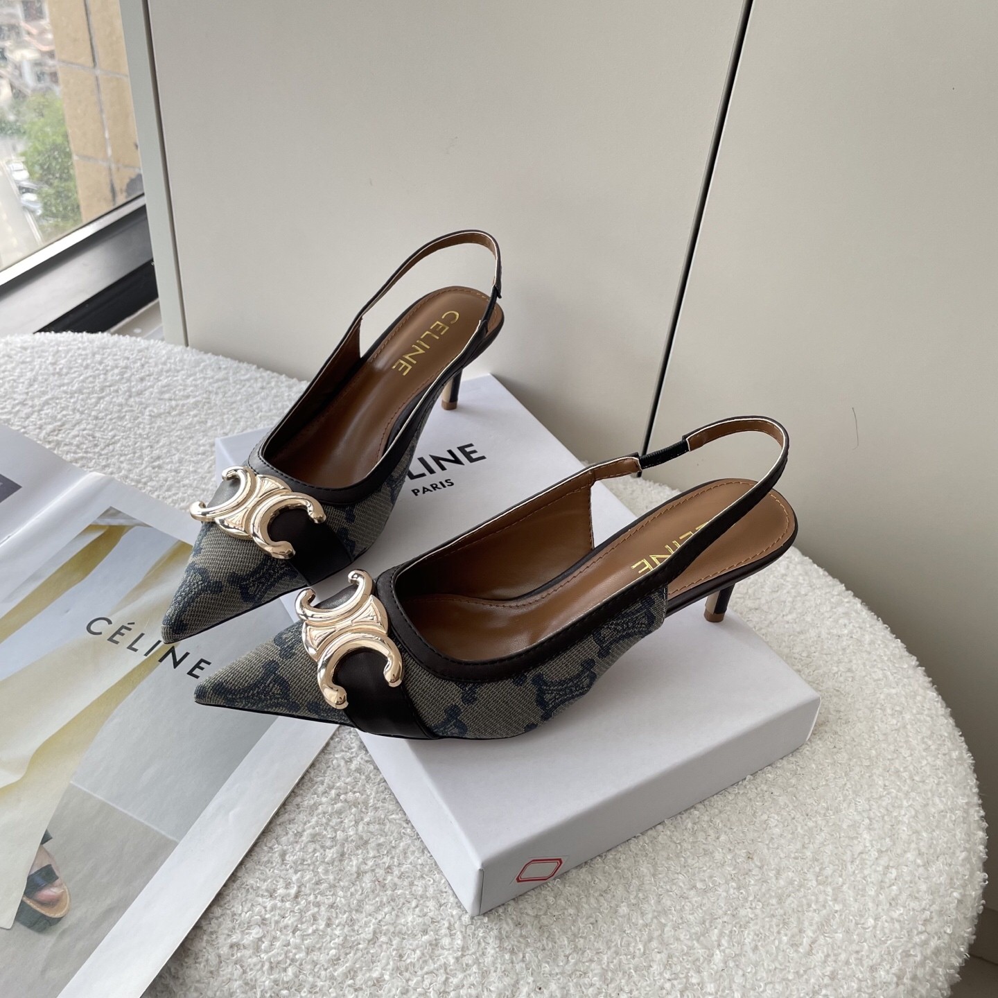 Celine Triomphe Monogram Canvas Gold Logo Leather Strap Pointed Toe Slingback Pumps Heels - KAIROO