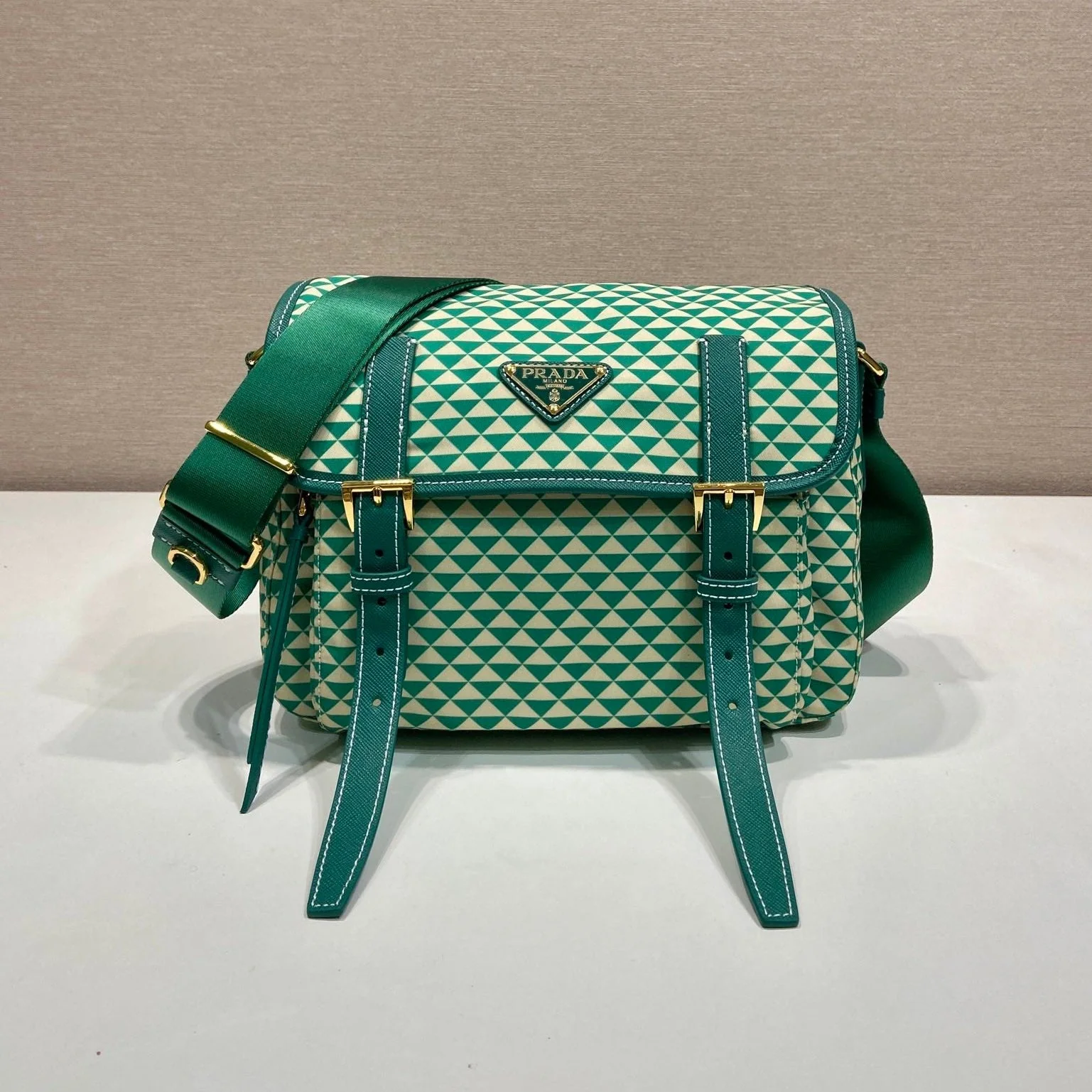 Prada MESSENGER BAG 25 IN FOREST GREEN MIX CREAM TRIANGLE PATTERN EMBROIDERED FABRIC