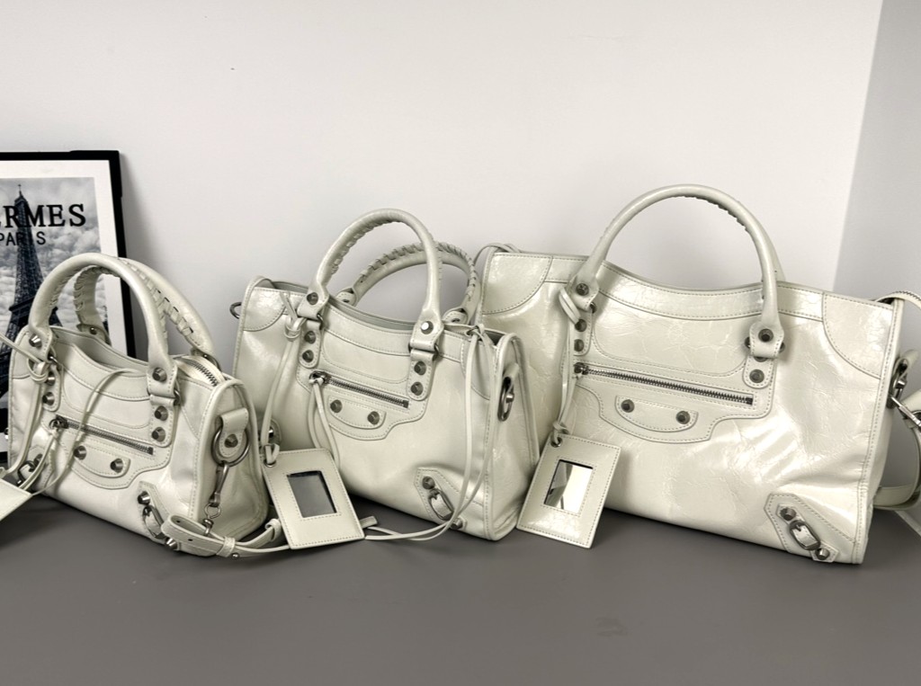 Balenciaga Le City Ivory Soft Crinkled Leather Studded Mirror Charm Braided Handle Crossbody Bag - KAIROO